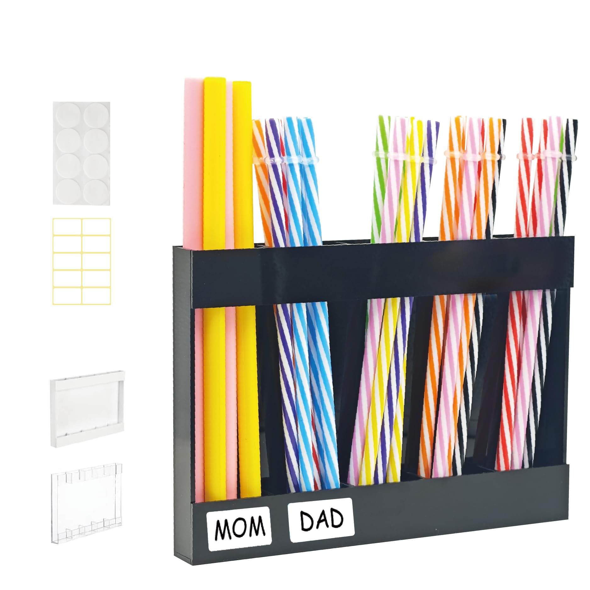 Yiilead Straw Holder, Transparent Acrylic Straw Dispenser with Double Sided Adhesive Tape and Stickers,Organizer for Cupboard Reusable for Kitchen Counter (Black)