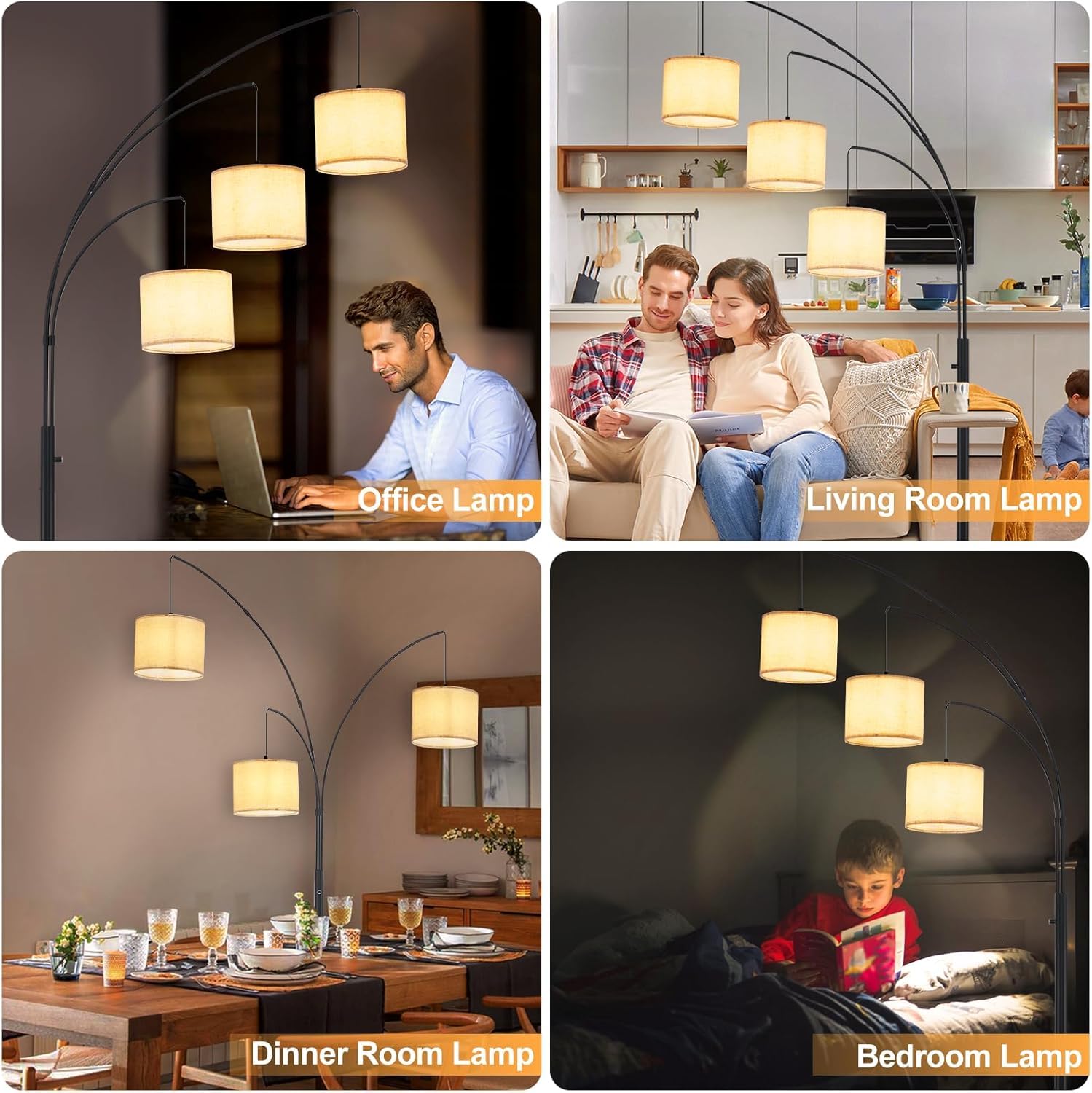 Lampa podłogowa Tree z 3 światłami, lampa stojąca łukowa z beżowymi kloszami, nowoczesna czarna lampa podłogowa do salonu, sypialni i biura, żarówki LED w zestawie