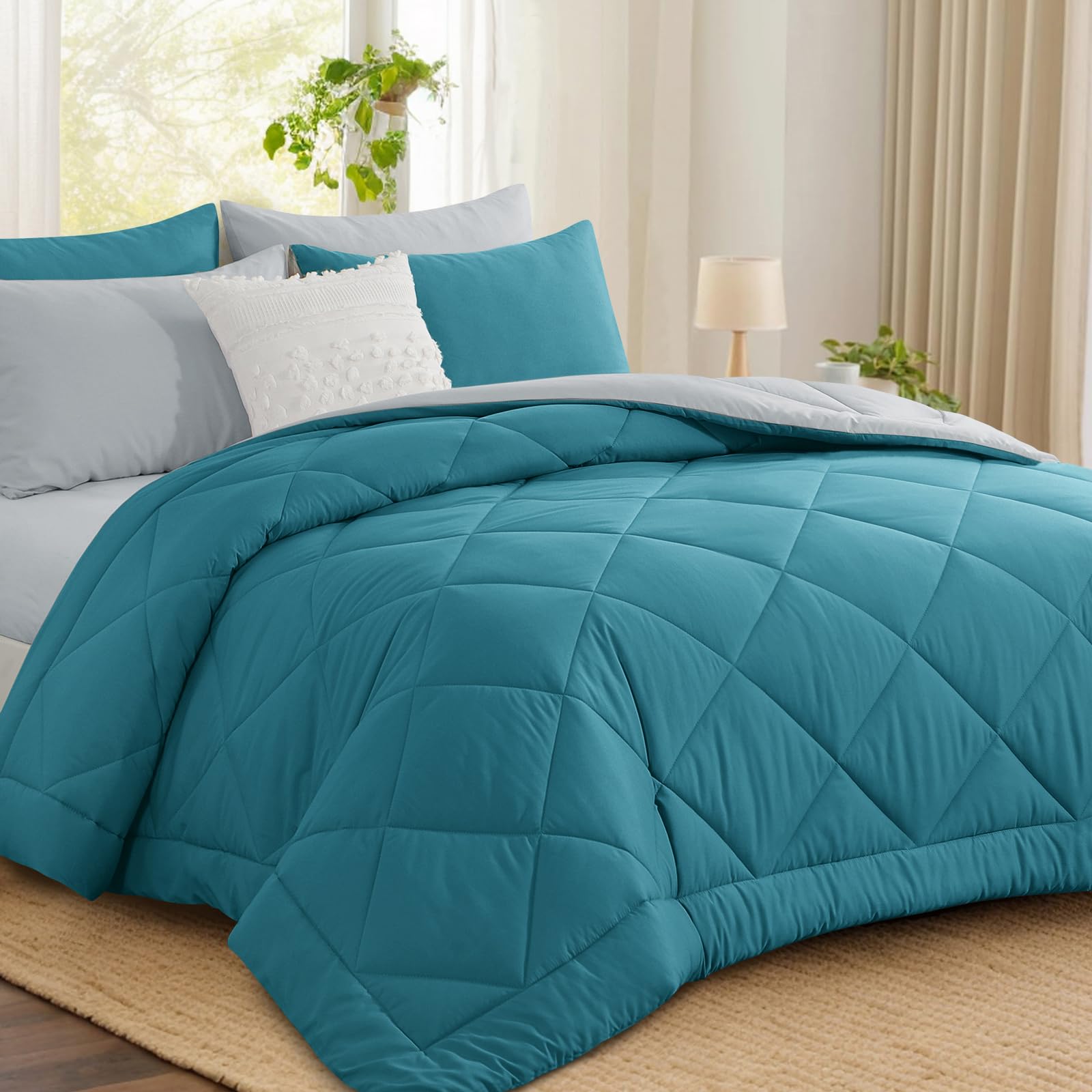 Aisbo Coverless Duvet Super King Size 10.5 Tog - 260x 220cm, Teal Cosy and Lightweight Quilt, Reversible Comforter with 2 Pillowcases, Teal/Grey — image 1
