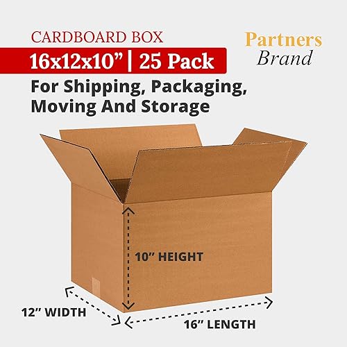 Miniatura 2 de Partners Brand Cajas de cartón corrugado de 16 x 12 x 10, 16 pulgadas de largo x 12 pulgadas de ancho x 10 pulgadas de alto, paquete de 25  Envío,