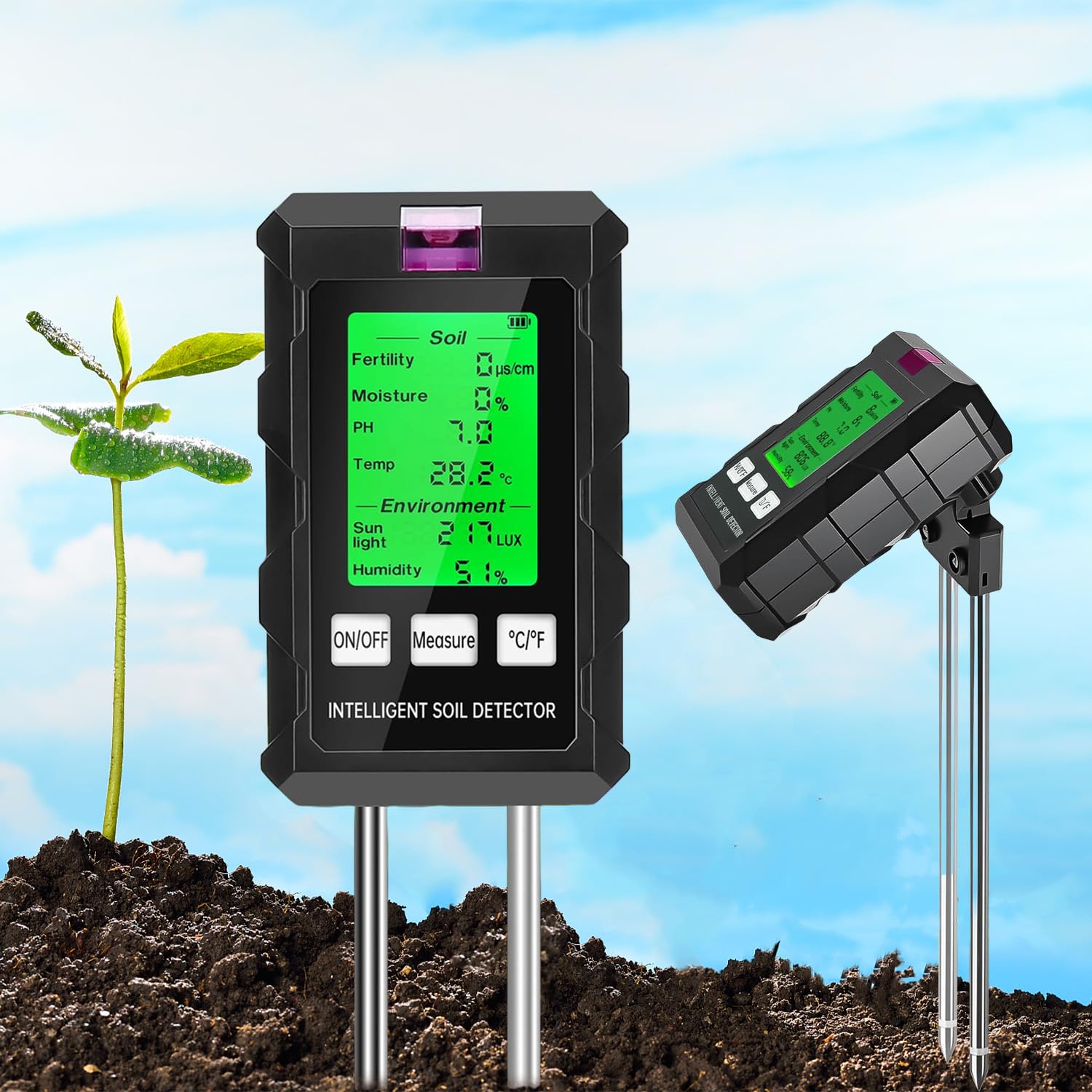 Testeur d'humidité du Sol，Testeur Sol 6 en 1，Hygrometre Plante avec pH Humidité Fertilité du Sol Lumière du Soleil Détection de Température Testeur Humidité Plante， Adapté au Jardinage et Aux Plantes