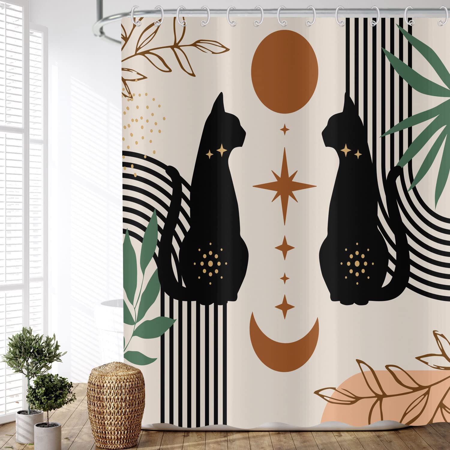 ASDCXZ Shower Curtain 240x180 cm Boho Style, Modern Abstract Art Boho Cat Day Month Bath Washable Shower Curtains Polyester Textile Waterproof Shower Curtain for Bathtub with 12 Hooks โ image 1