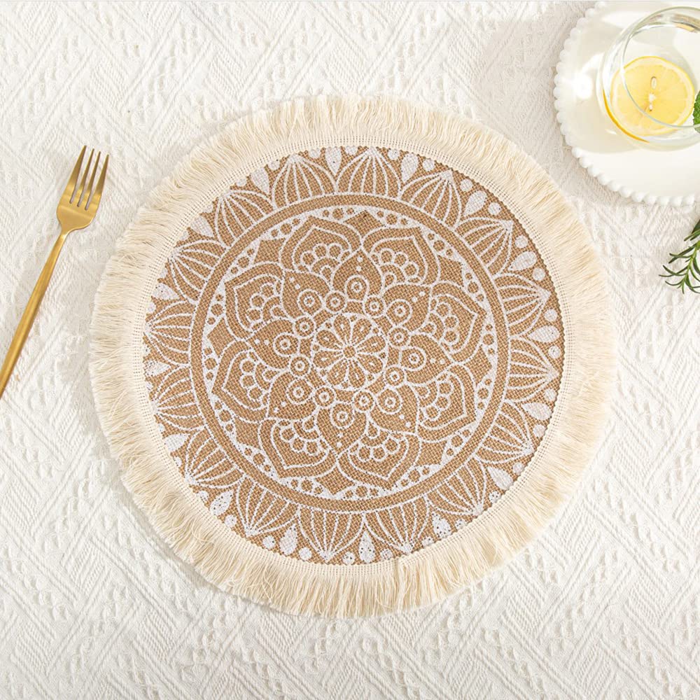 Duories Round Woven Jute Placemats, Boho Mandala Tassel, Set of 2 Black, White, 38 cm x 19 cm, Pattern #15, 2-Set