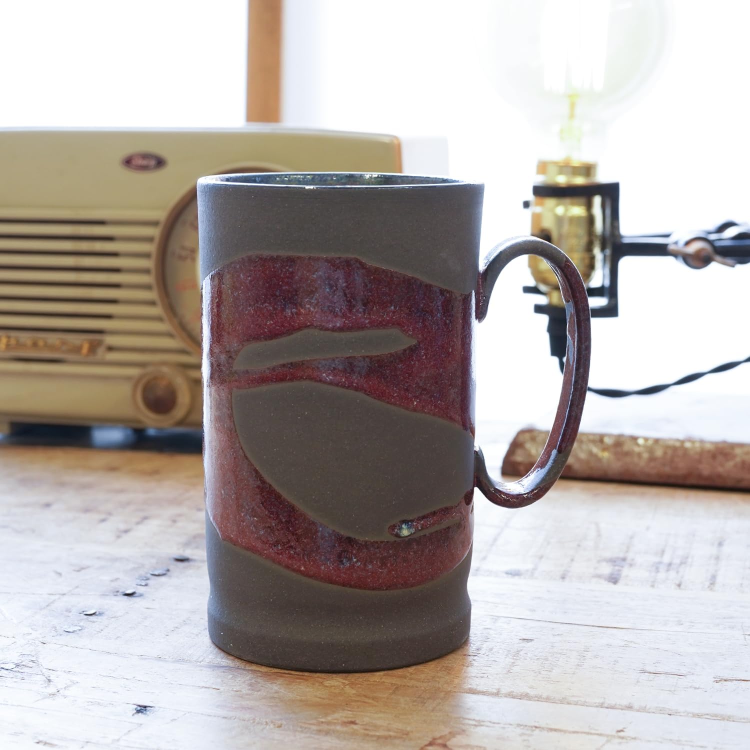 Mino Ware Ceramic Beer Mug 20.2 fl oz / 600 ml, Made in Japan, Handle Mug for Beer, Japanese Pottery Drinkware (Bordeaux)