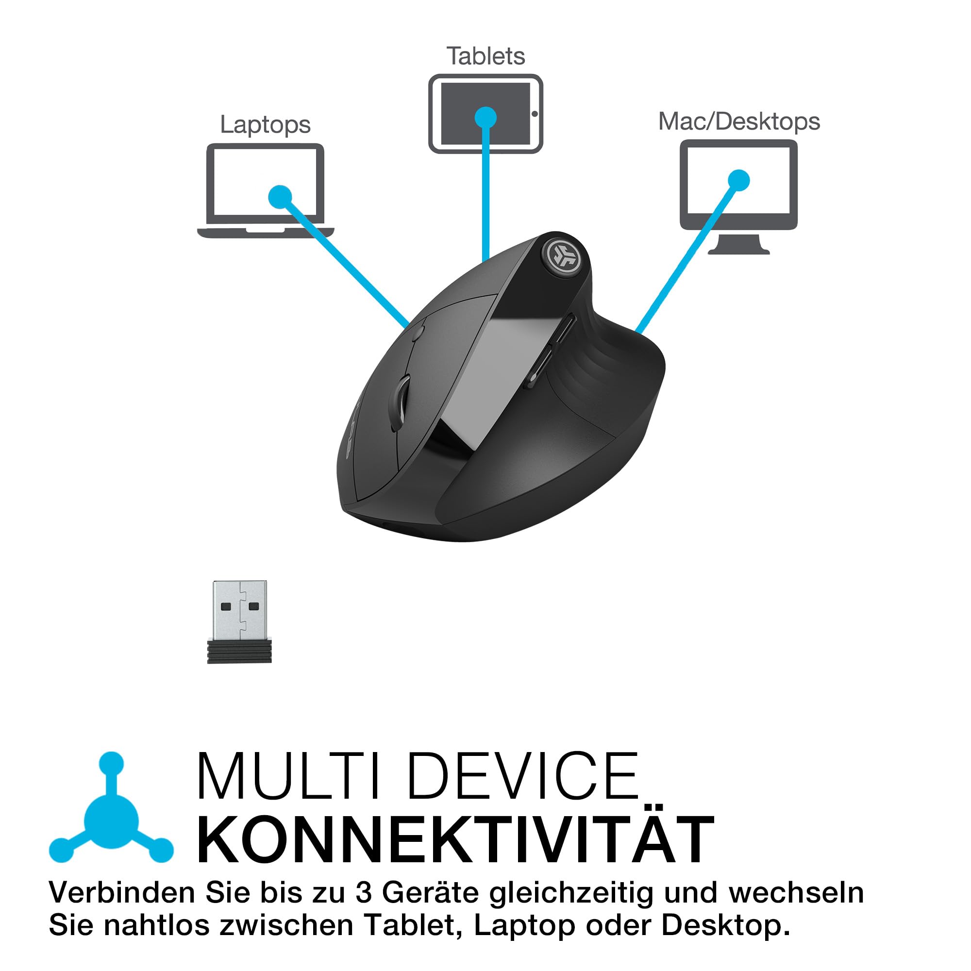 JLab JBuds Ergonomische Wireless Mouse, Verbindung über Bluetooth oder USB für mehrere Geräte, vertikale Maus kabellos, Silent Mouse, wiederaufladbare Funkmaus für Laptop, PC, Tablet, Windows/Mac