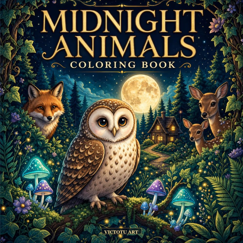 Midnight Animals: Coloring Book for Adults, Bold and Easy Nocturnal Wildlife Scenes: 40 Cute Cozy Designs Featuring Owls, Foxes, Wolves, Deer & More ... (cozy season, bold and easy coloring book)