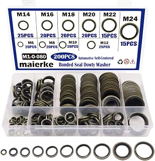 200 PCS Automotive Self-Centered Bonded Seal Dowty Washer,10 Metric Sizes (M6 to M24) Bonded Seal Oil Washers Gasket Assortment Kit with Box,for Automotive, Bearings, Pumps, Replace M1-O-080
