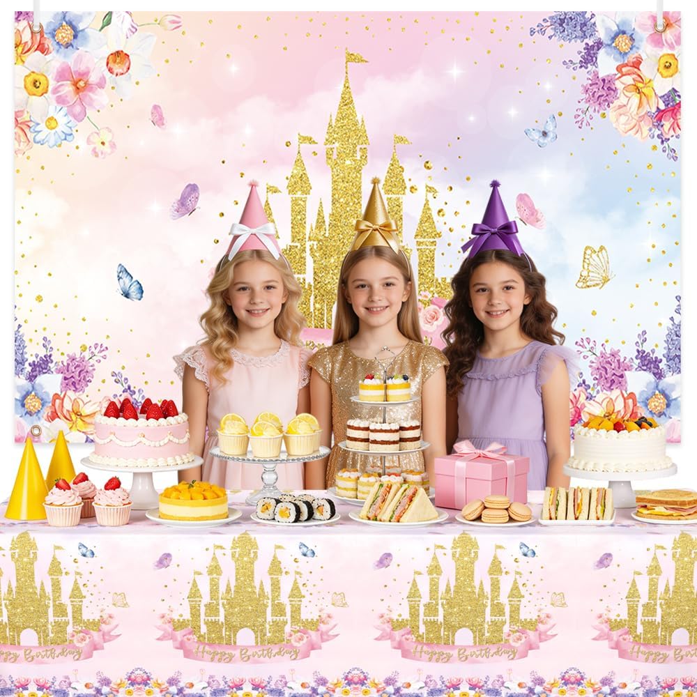 AIBIIN 3 Pack Princess Tablecloth Birthday Decorations Pink Gold Castle Table Cover Decorations Disposable Plastic Rectangle Floral Table Cloth for Princess Birthday Party Supplies 54 x 108 Inch