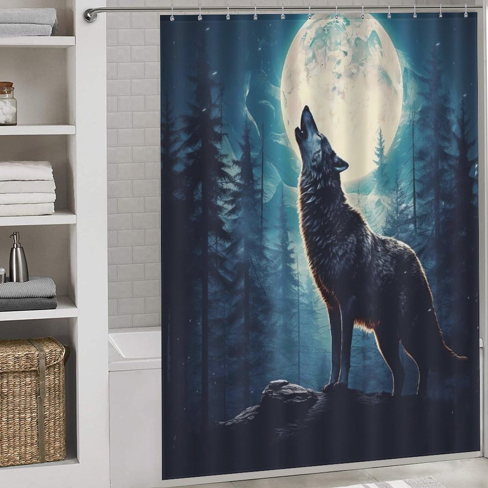 Rideau de douche loup anti-éclaboussures en tissu polyester imperméable et lavable