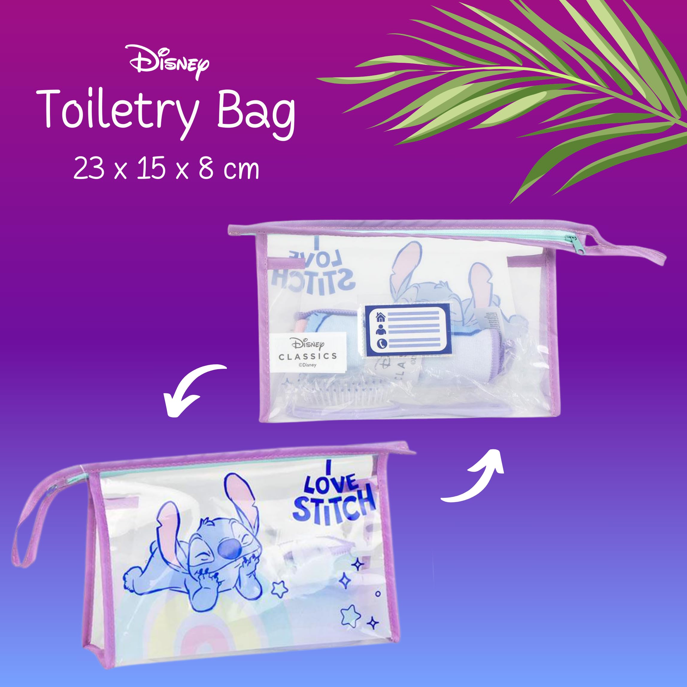 Disney Stitch Trousse de Toilette pour Enfant, Motif Stitch et Angel, avec Brosse à Cheveux, Serviette et Porte-Monnaie, sans PVC