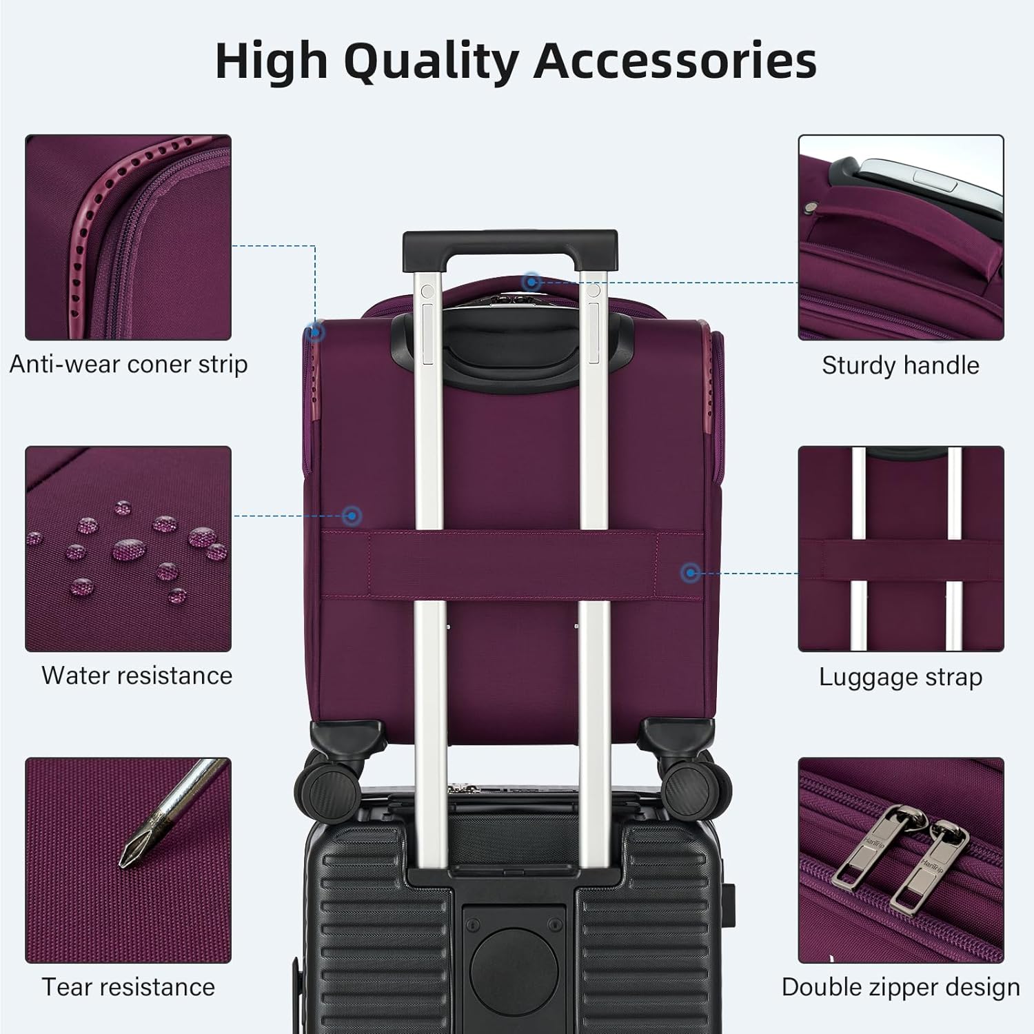 16 Inch Underseat Carry On Luggage with Wheels Softside Small Suitcases Personal Item Bag with Pocket Travel Luggage for Men Women Business Overnight Bag(Purple) - Image 7