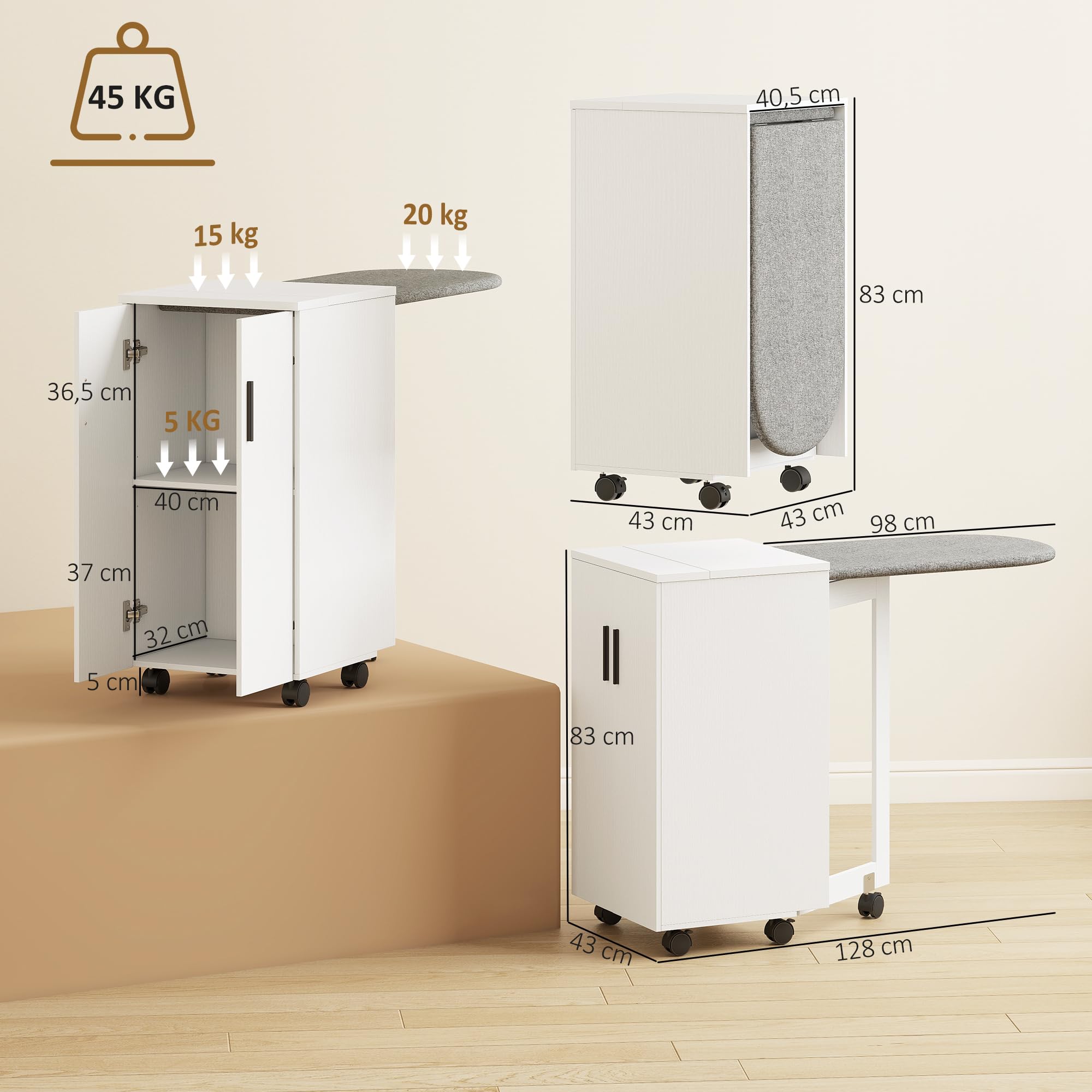 HOMCOM Meuble à Repasser 2 en 1, Table à Repasser Pliante sur roulettes avec étagère réglable et charnières à Fermeture Douce, Meuble Rangement pour Petits espaces, buanderie, 128 x 43 x 83 cm, Blanc