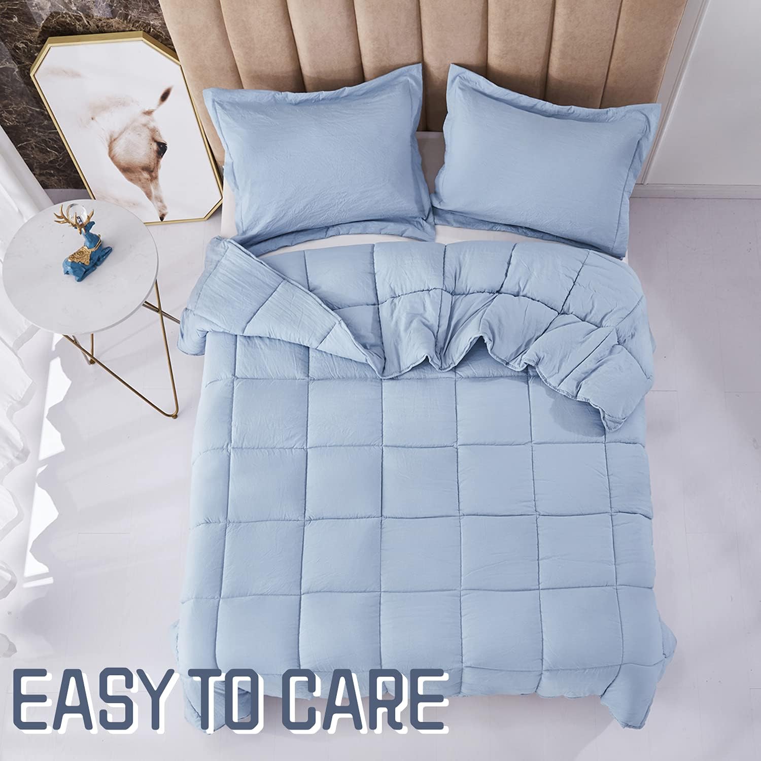 HUAJIE 3 Pieces All Season Down Alternative Quilted Comforter Set with Corner Tabs -Duvet Insert -Box Stitched-Super Soft Fiberfill Chic Farmhouse Style Bedding, Pre-washed Hyacinth Blue, Full&Queen