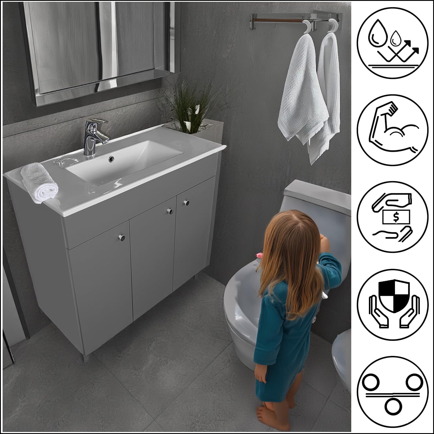 Szafka pod umywalkę 80 cm szerokość | Szafka łazienkowa IGA Sink | Zestaw mebli łazienkowych do łazienki i toalety dla gości | Umywalka z szafką stojąca | Szafka pod umywalkę szara