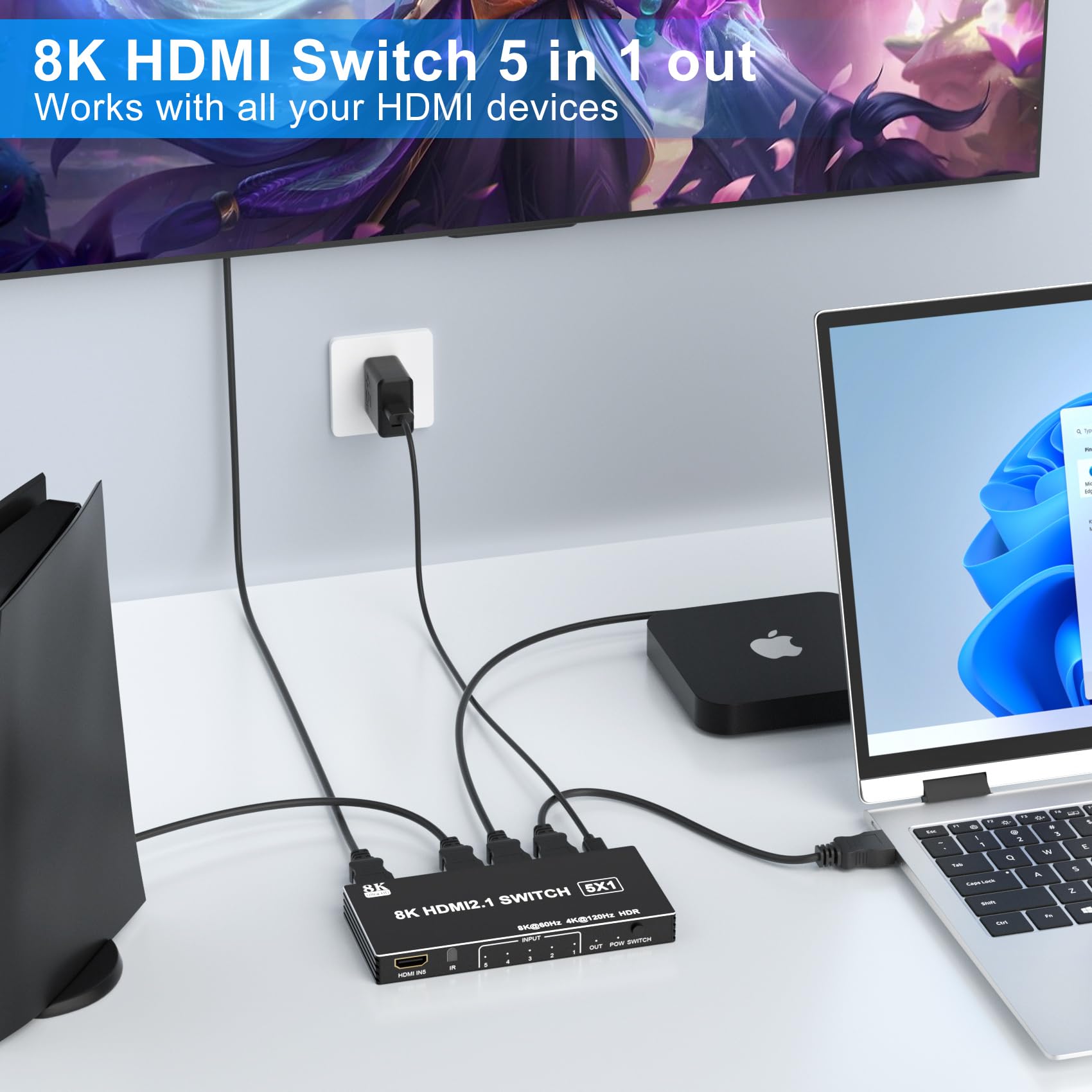 HDMI Switch 8K 5 en 1 Salida, Divisor HDMI de 5 Puertos Caja selectora de conmutador HDMI Compatible con 8K@60Hz 4K@120Hz, conmutador HDMI Compatible con PS 5/4 Xbox Roku TV Fire Stick PC