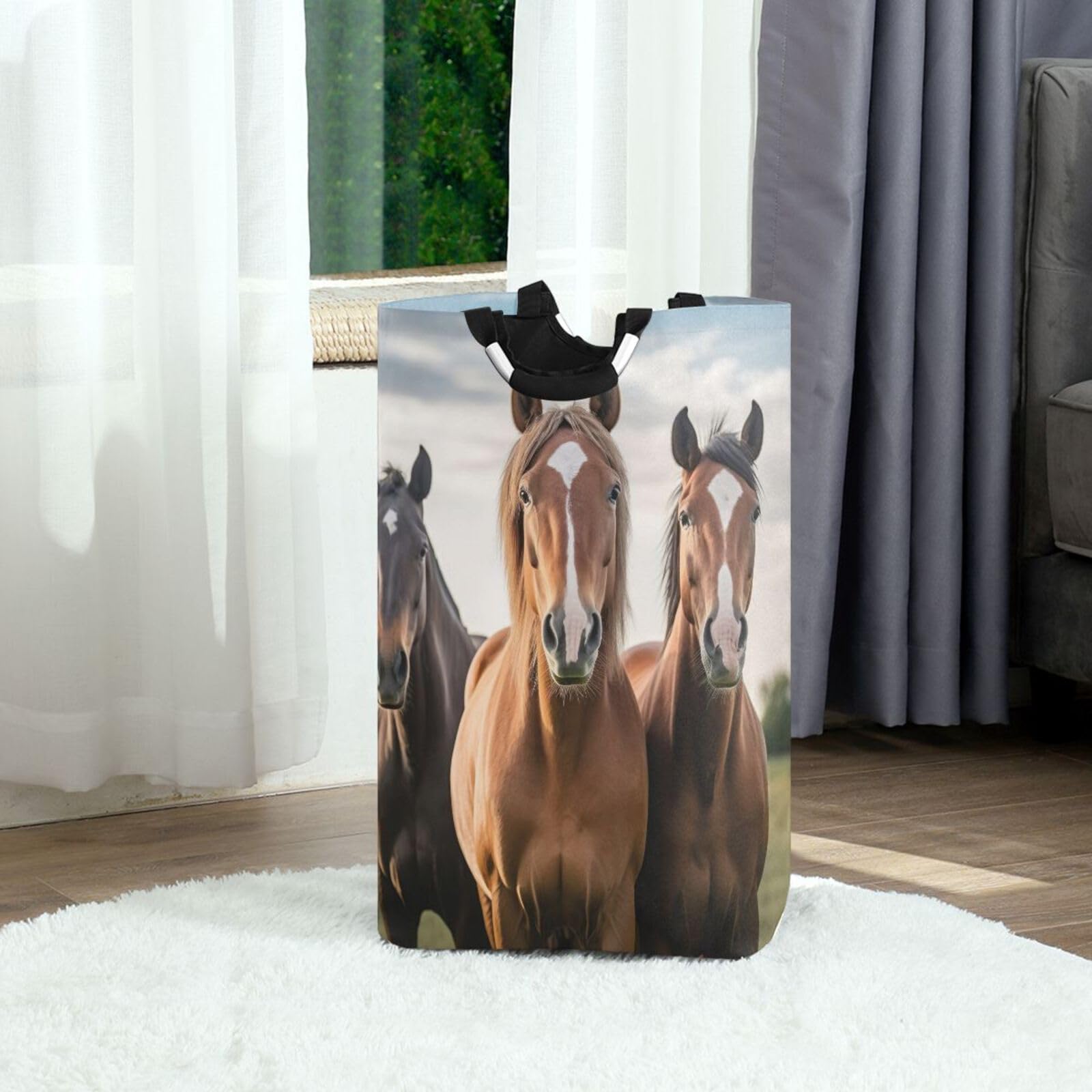 Jihqo Laundry Hamper Basket Three Horses Collapsible Nursery Storage Bin Waterproof Clothing Baskets for Home Bedroom Bathroom Washing Room