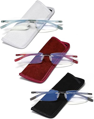HIYANJN Lentes de lectura sin montura para mujer, Tr90, con bloqueo de luz azul, ligeros, sin marco (paquete de 3, 3.0)