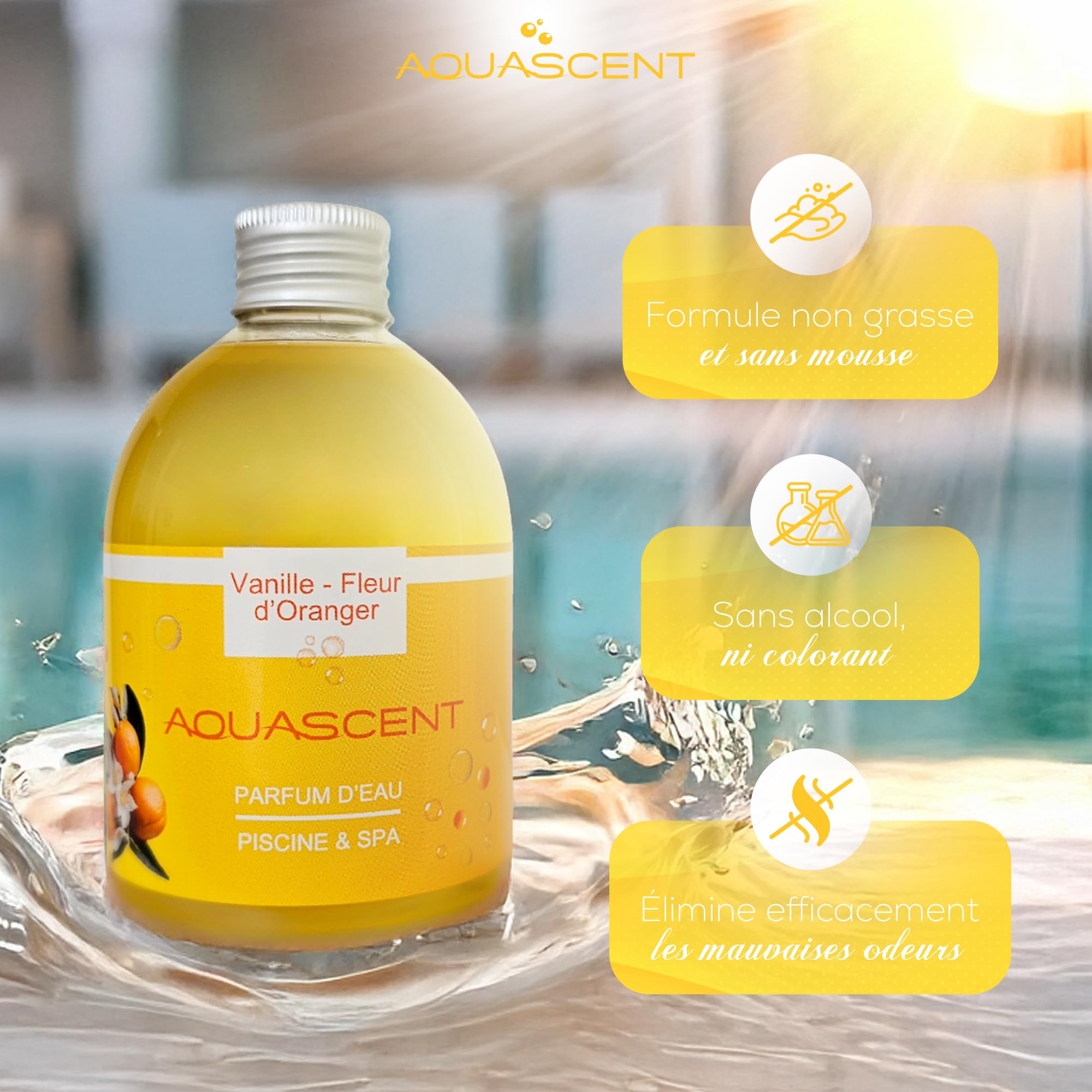 Parfum Piscine et Spa Vanille Fleur D'ORANGER- Concentré 250ml : élimine Les odeurs, préserve l'eau Claire, sans Alcool ni Colorant. Fabriqué en France. Compatible Sel & Chlore