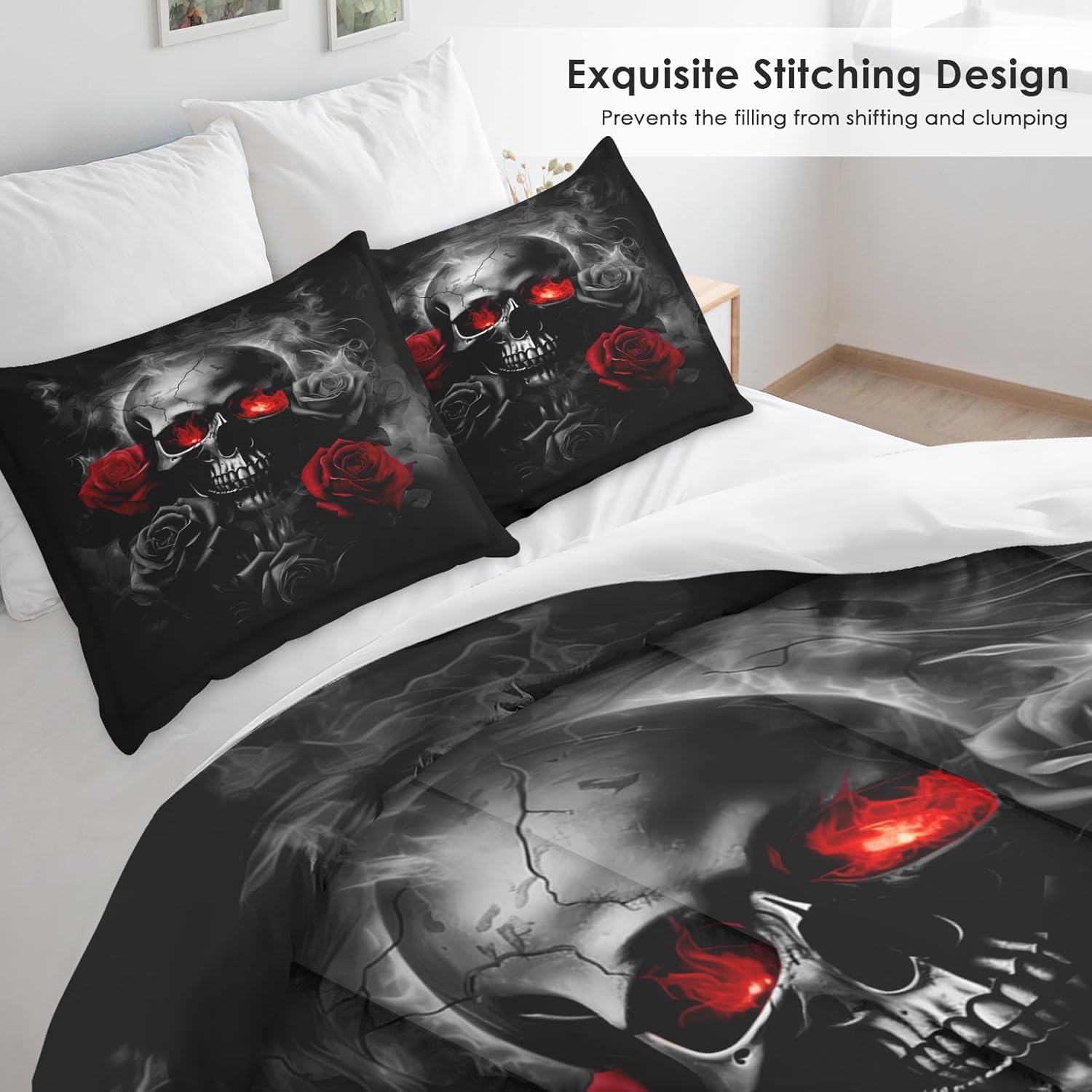 Skull Comforter Set Queen Size, Red Rose Flame 3 Pcs Soft Bedding for Adults, Comforter Set with 2 Pillowcases, for Bedroom Bed Decor - Image 4