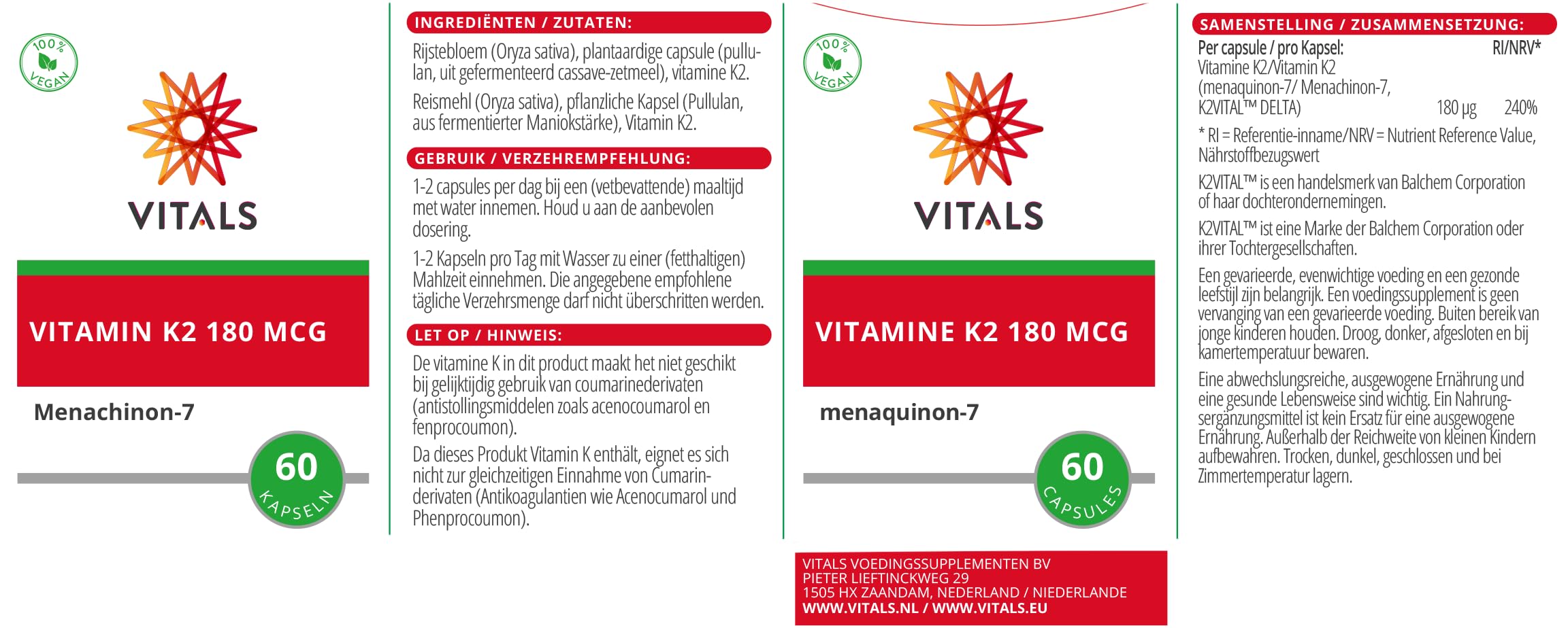 Vitals - Vitamin K2 180mcg, 60 Kapseln. K2 in der überlegenen Form von Menachinon-7 (MK-7). Enthält K2VitalDelta, das eine sehr hohe Stabilität aufweist.
