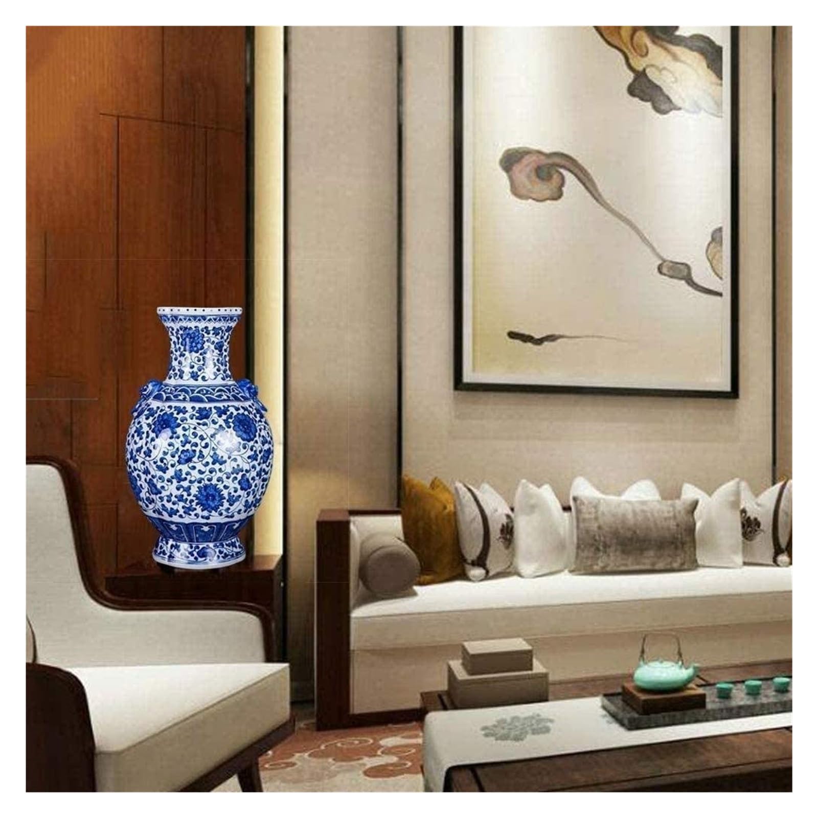 Vasen Vase aus Keramik, handgefertigt, Doppel-Löwenohr, Flasche, blaues und weißes Muster, Schlafzimmer, Büro-Accessoires