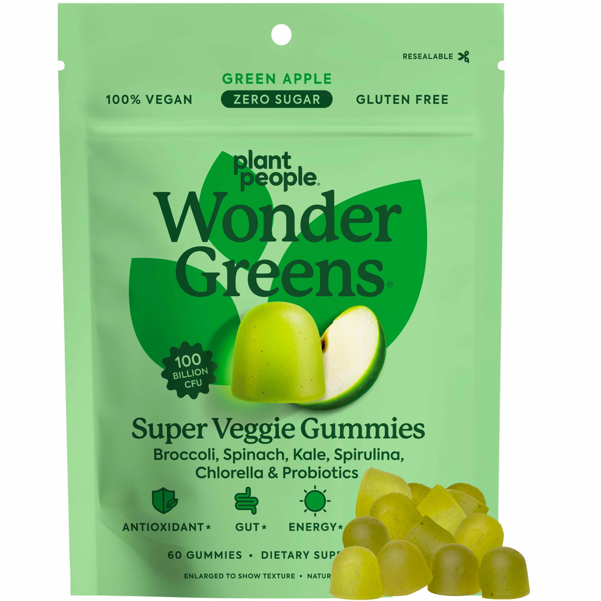 Plant PeopleWonderGreens Veggie Gummies Super Greens with Probiotics Multivitamin Support Gummy for Wellbeing, Energy, Immune and Gut Health, Green Apple Flavor (60 Count)