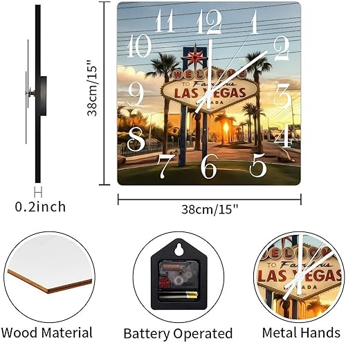 Miniatura 2 de Reloj de pared American Nevada State Las Vegas City Skyline Scenery City View City View Reloj cuadrado de madera sin tictac, funciona con pilas,