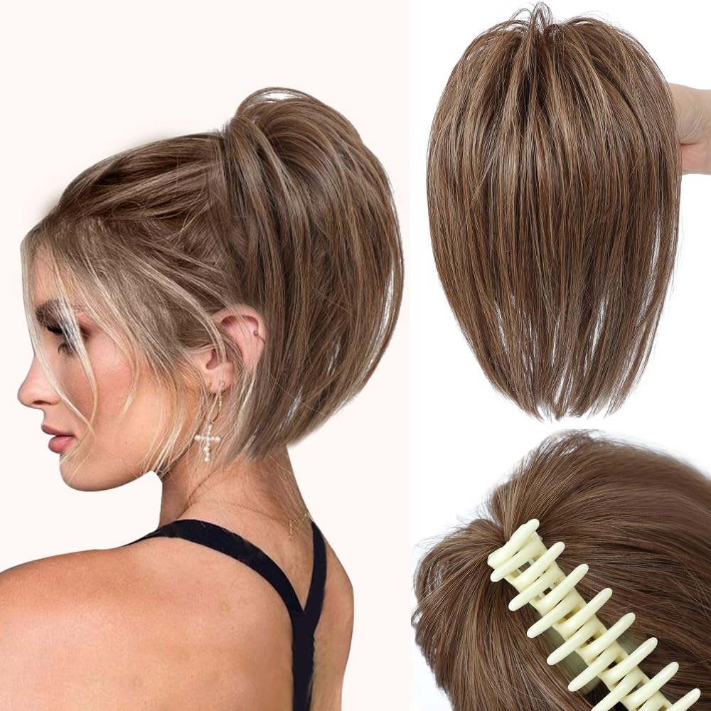 Light Ash Brown Synthetic Fiber Wig, Messy Bun Hair Piece Claw Clip, Easy to Wear and Remove