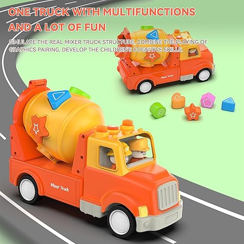 Miniatura 6 de Veslier Camión mezclador de cemento - Coche de ingeniería con luces y sonidos, clasificador de formas juguete de aprendizaje y educación para niños