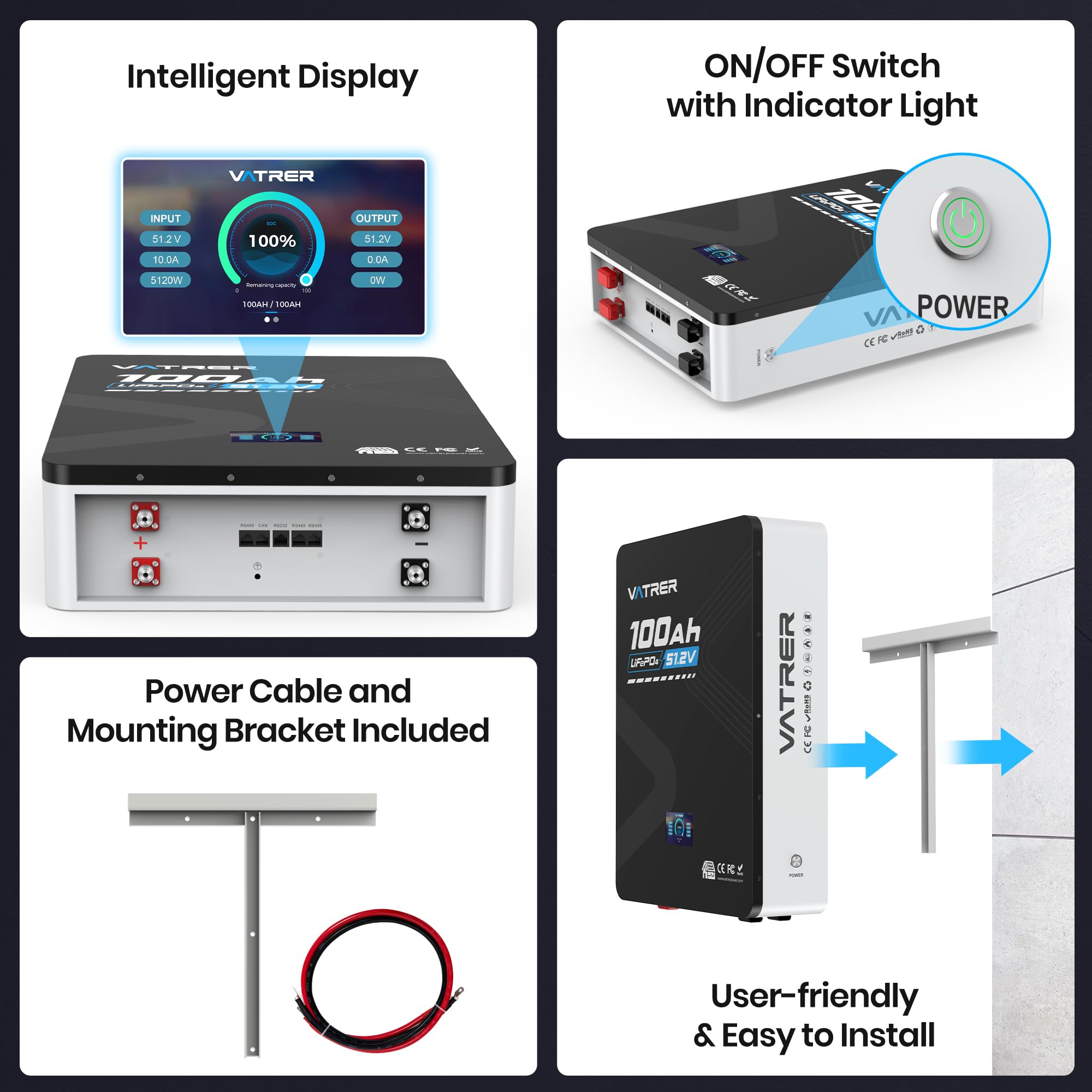 48V 100AH LiFePO4 Battery 5 12kWh Grade A Cells Wall Mounted Lithium Battery with 100A BMS LED Monitor — view 7