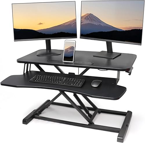 Miniatura 8 de Convertidor de escritorio de pie de 31.5 pulgadas, elevador de pie ajustable en altura con bandeja para teclado para oficina en casa, elevador de