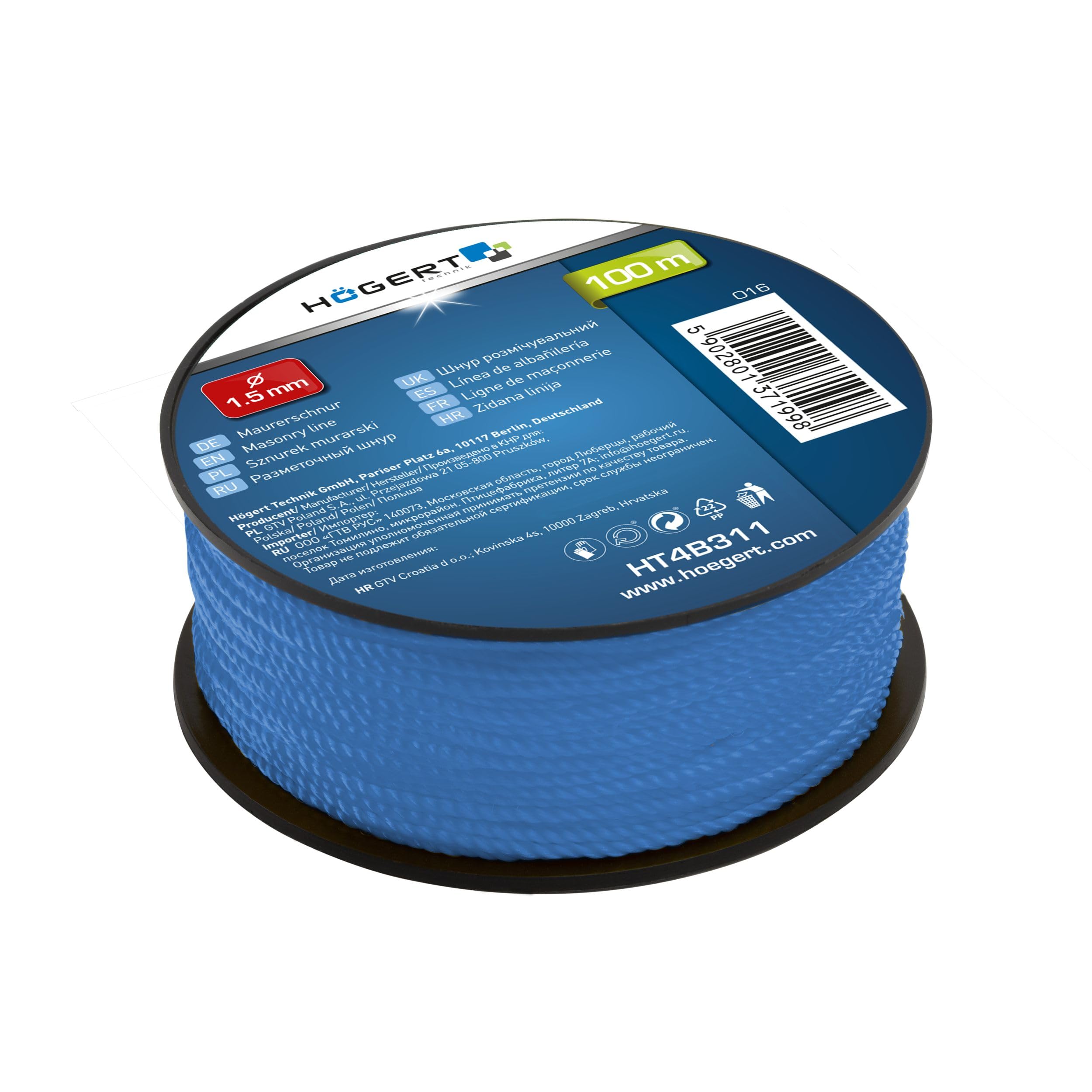 HÖGERT TECHNIK - Mauerschnur, Bauschnur, Pflasterschnur, Nivellierschnur, reißfest und belastbar, 100 Meter lang, Ø 1,5 mm, Leicht sichtbare blaue Farbe