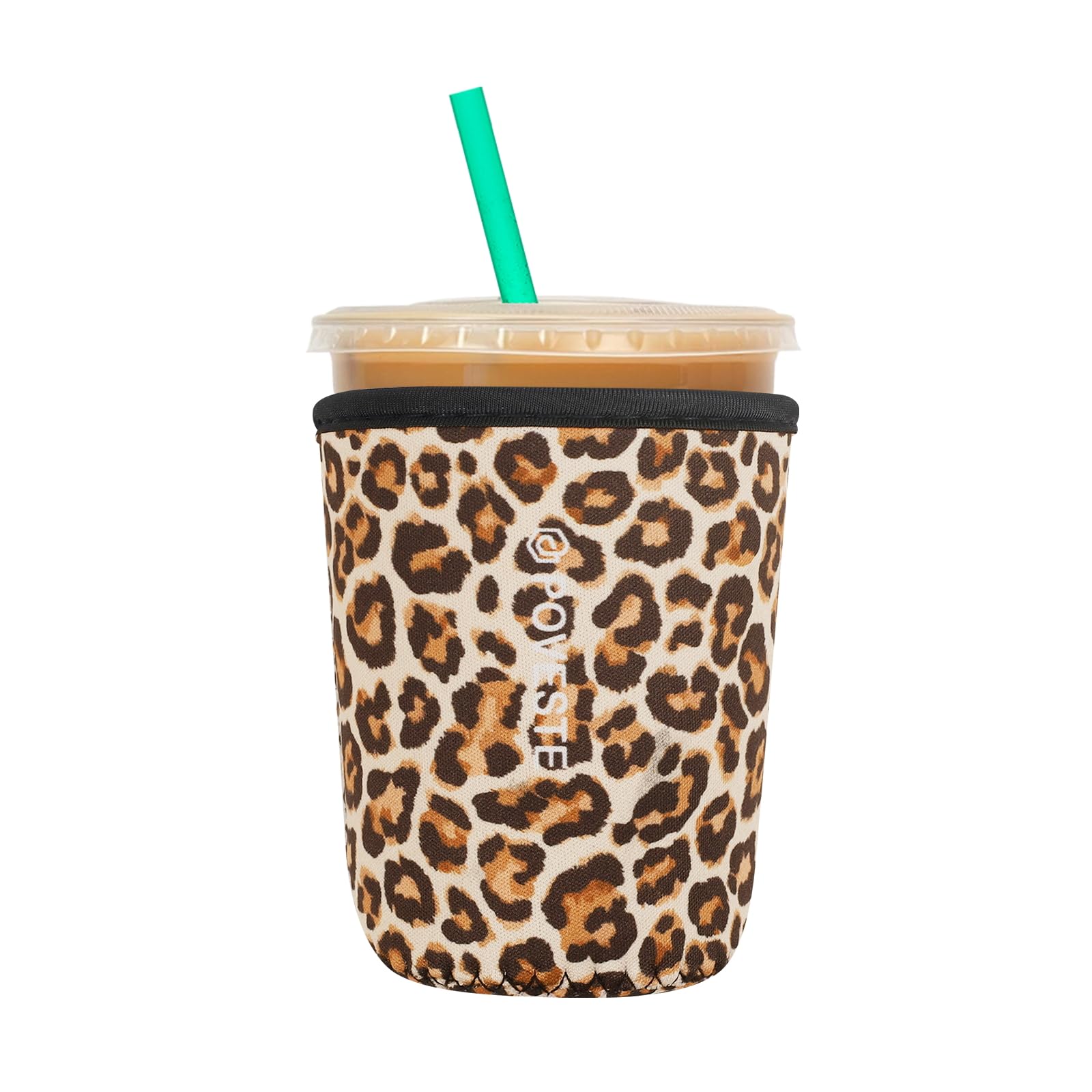 Reusable Neoprene Insulator Sleeve for Iced Coffee &amp; Cold Soda, Coffee Sleeves for Iced &amp; Hot Drinks, Cold Beverage Cooler Compatible with Starbucks, Dunkin (Leopard, Small: 16-18oz)