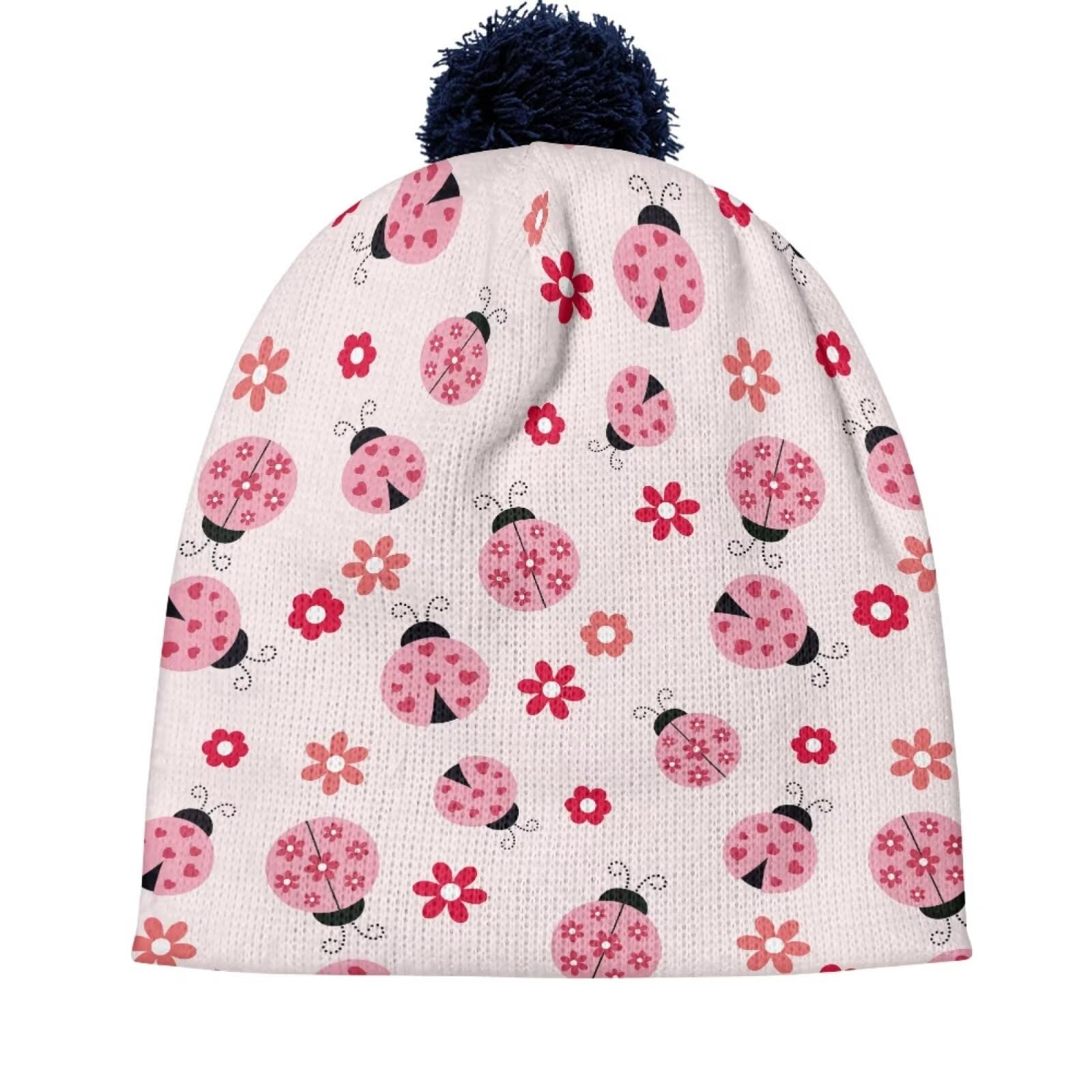 ORGYPET Ladybug Floral Children's Woolen Hat with Ball Beanies for Boys Colorful Vibrant Toddler Beanie Winter Hats for Kids Children's Woolen Hat with Ball for Everyday Wear