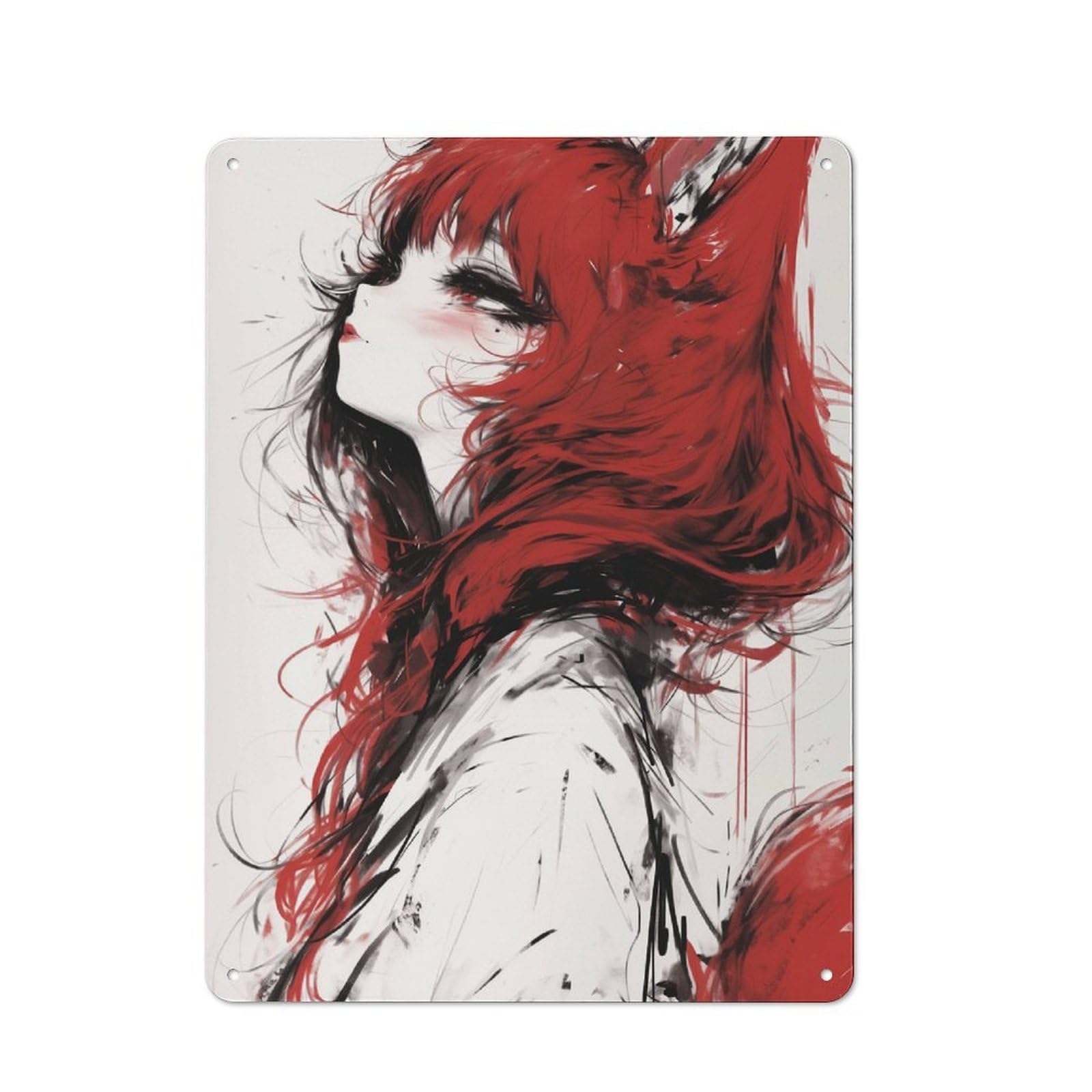 Junmoney Girls Red Fox Anime Illustration Tin Wall Plaque 40X30cm With For Man Cave Or Games Room, A New Home Present For Leisure-Room Decor Enthusiasts