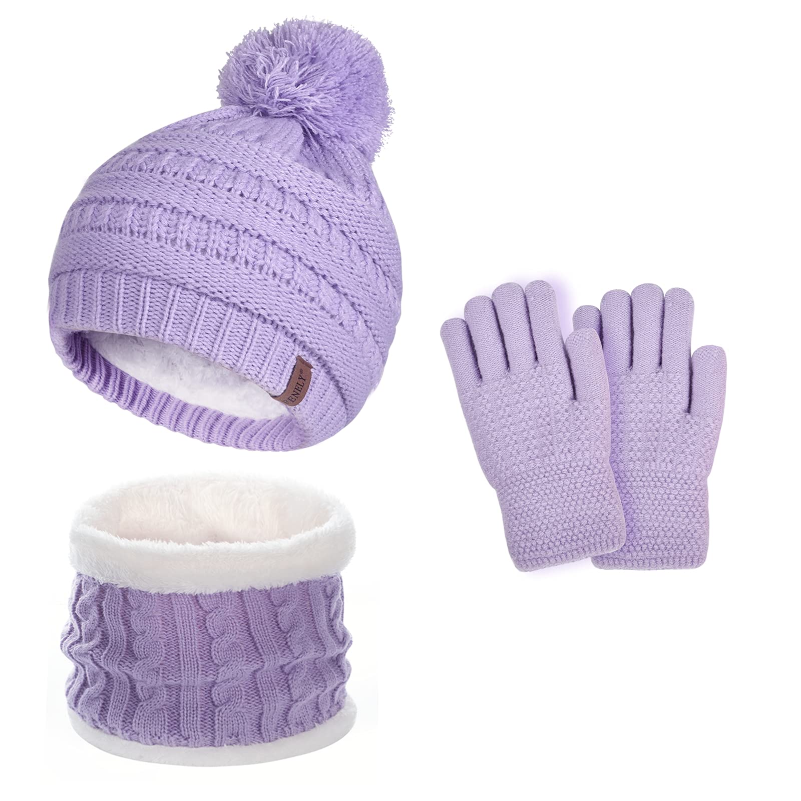 Kids Winter Beanie Hat Toddler Gloves Girls Infinity Scarf Youth Neck Warmer Warm Fleece Pom Cap Purple Thermal Knit Set 6-10 Years Old, Gorros Gorras Bufandas Para Niñas Niños, Gifts for Childrens