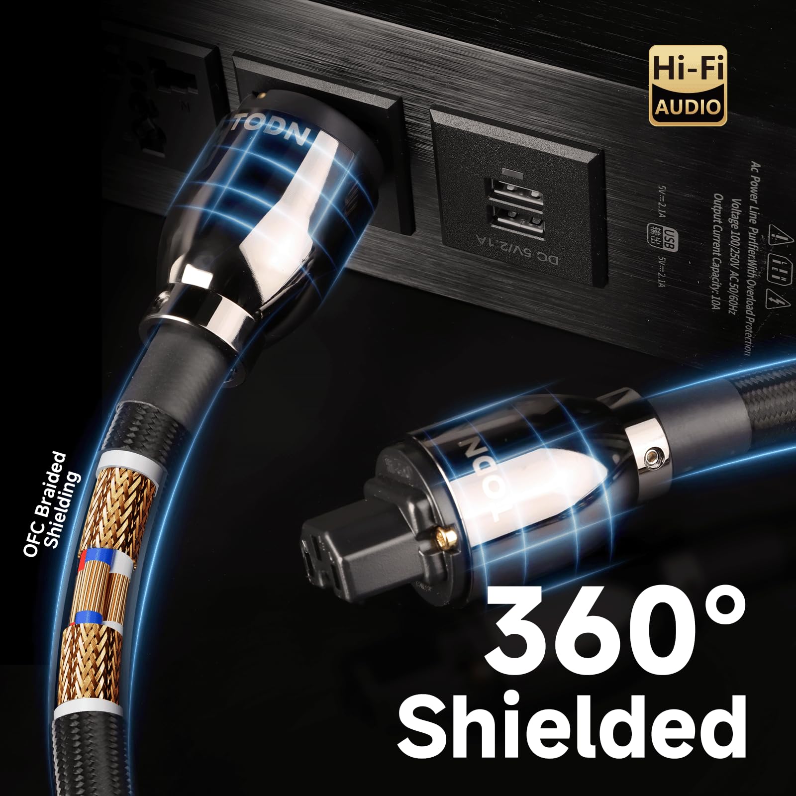 TODN HiFi OCC Netzkabel C15 1,5 m Kaltgerätekabel mit EU Schuko & IEC Plugs | 3×3,2 mm² Leiter, OFC Geflechtschirm, 24K Goldkontakte, Baumwollmantel & Kupfergehäuse für Verstärker und Audioanlagen