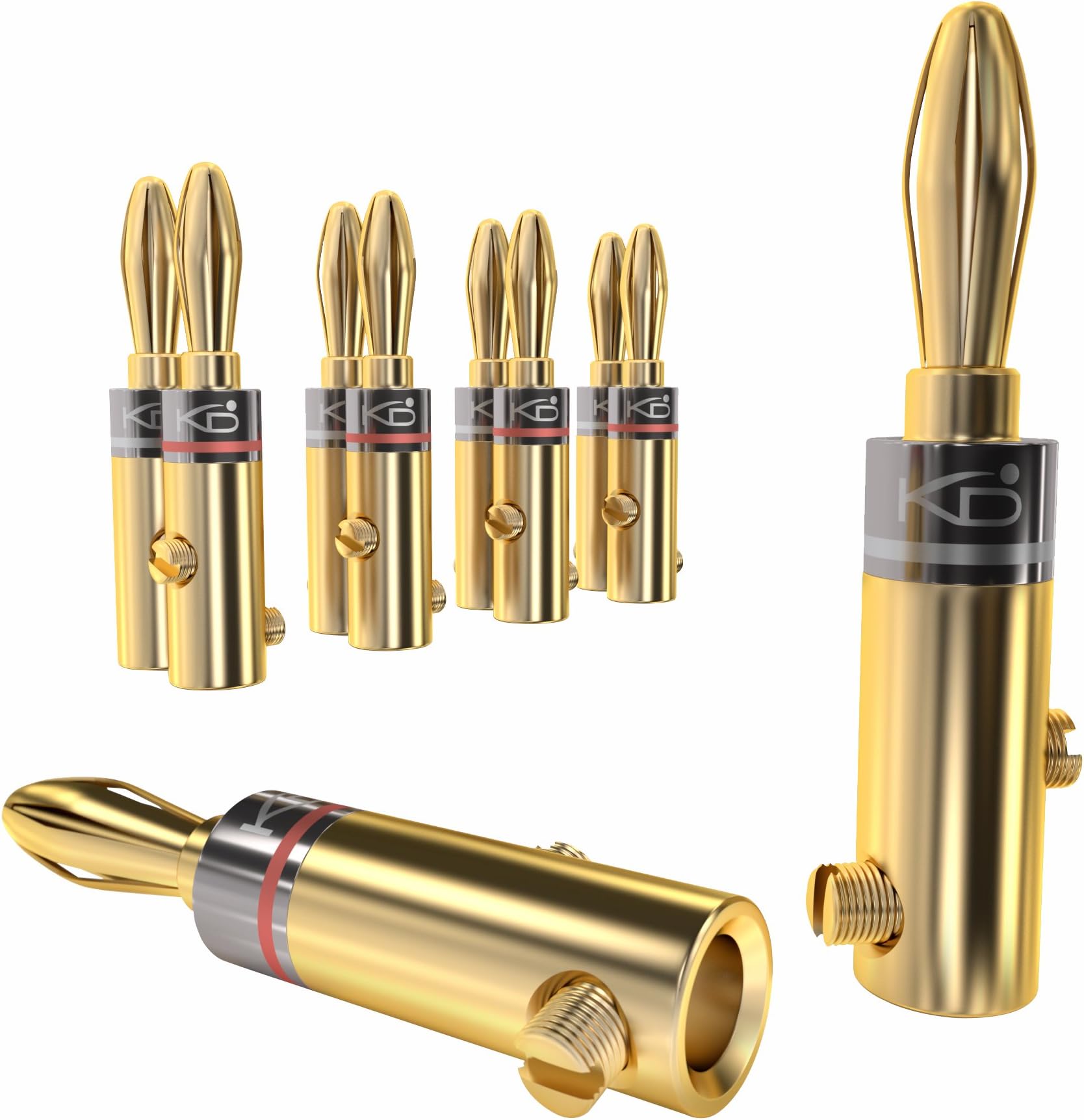 Banana Plugs – 5 pairs (for speaker wire up to 6mm², allow flexible connection to speakers, amplifiers, A/V receivers, power amplifiers & stereo systems, fixing screws, gold plated)