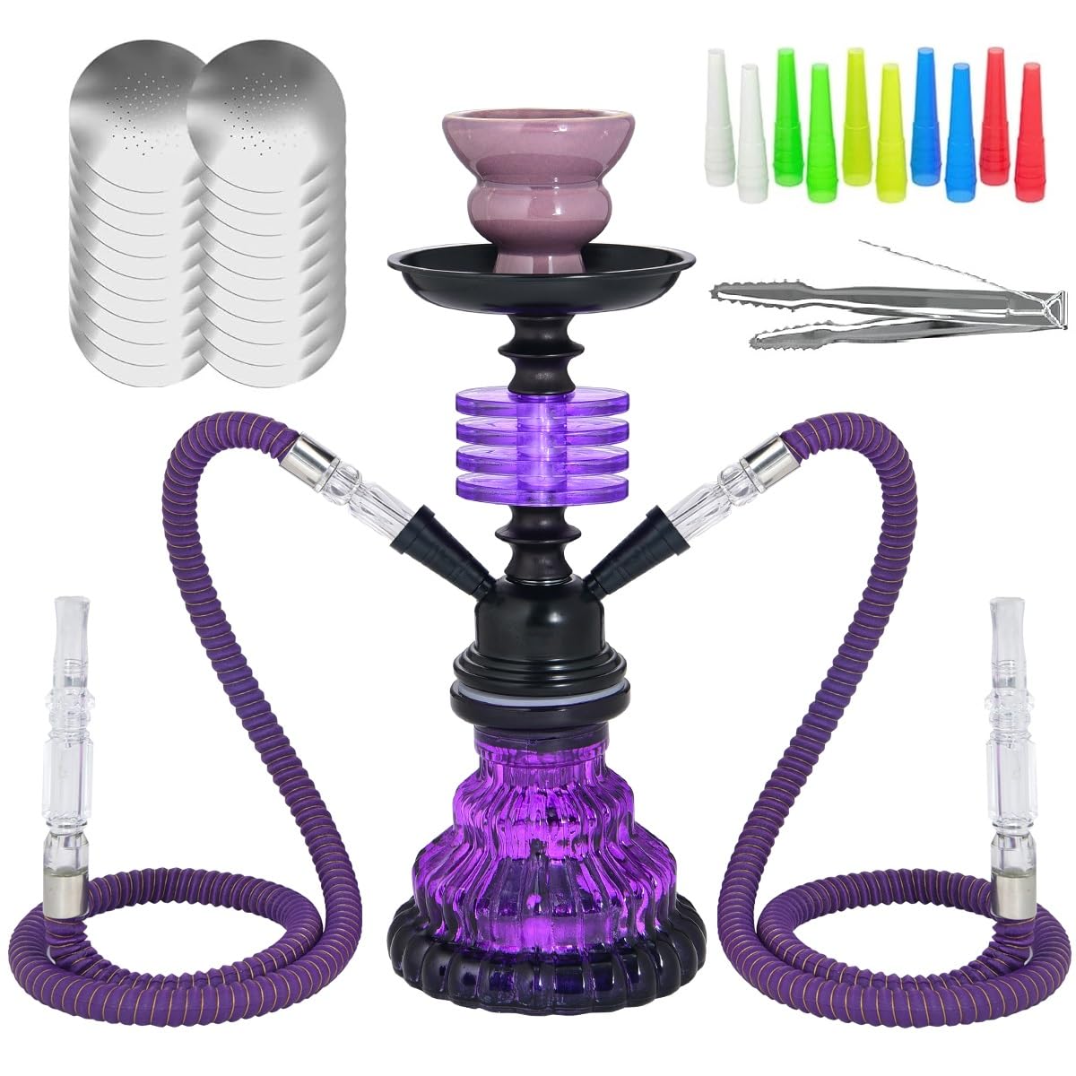 12 Portable 2-Hose Hookah Set - Complete Travel Kit with Aluminum Body 50 Foils 20 Tips Compact Design
