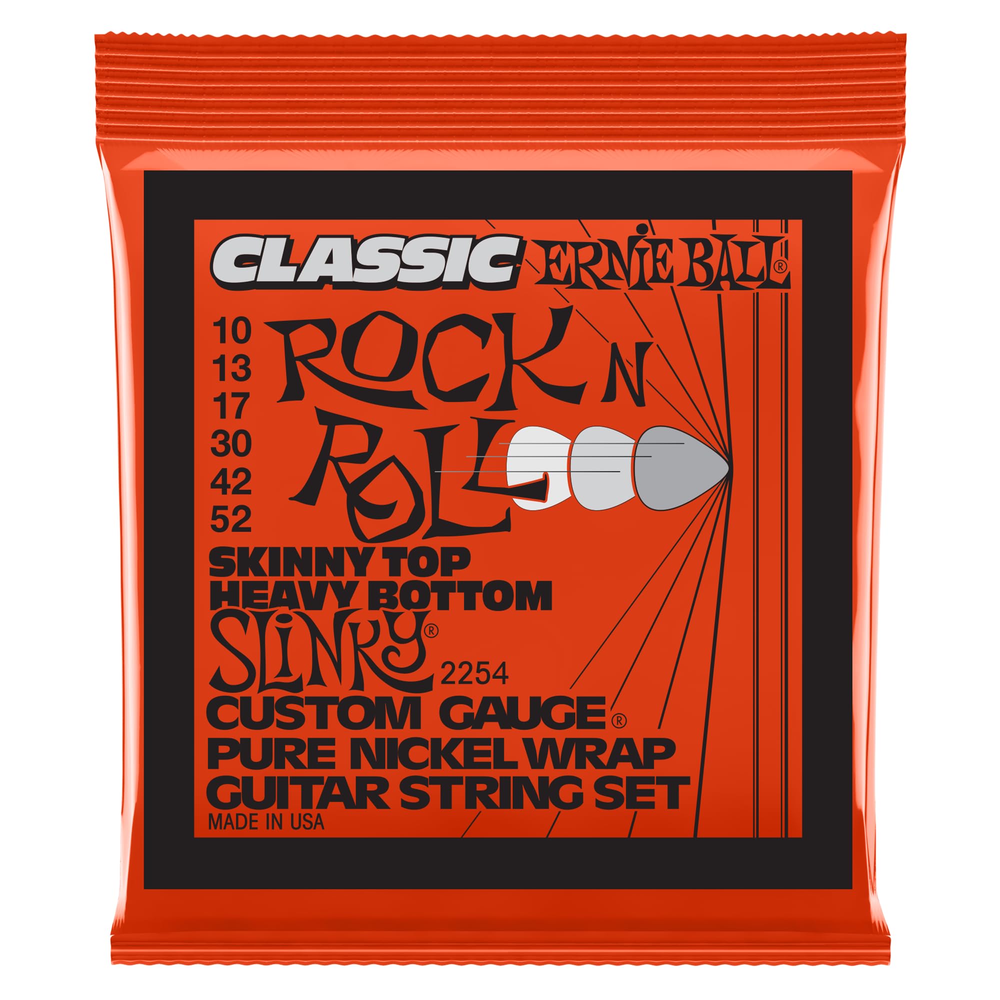 Ernie Ball Skinny Top Heavy Bottom Slinky Classic Rock n Roll Pure Nickel Wrap Electric Guitar Strings 10-52 Gauge (P02254)