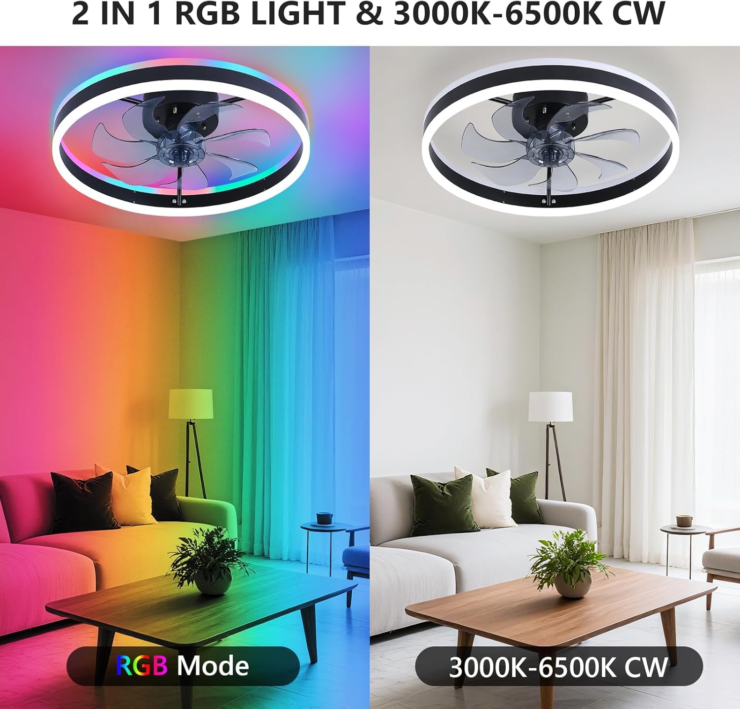 Moderne RGB Deckenventilator mit Beleuchtung φ50cm RGB LED Fan Licht mit Fernbedienung Timer 6 Geschwindigkeiten Stufenloses Dimmen Deckenventilator mit Lampe