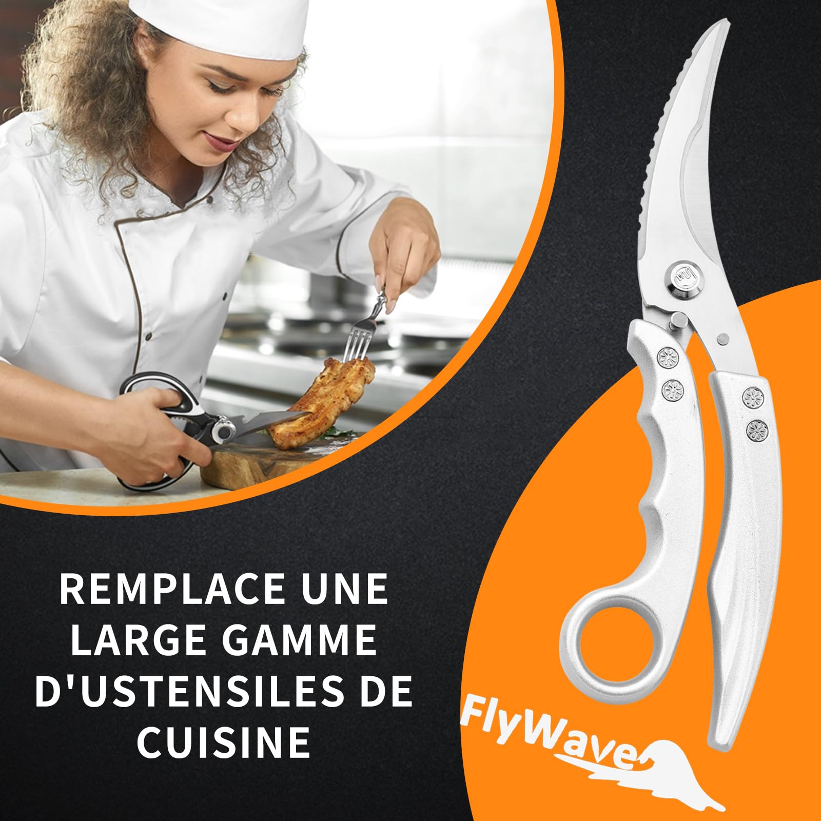 FlyWave Ciseaux de Cuisine Professionnels Multifonctions, Ciseaux à Volaille, Sécateur à Volaille, Ciseaux Poisson, Inox, Tout pour la Cuisine