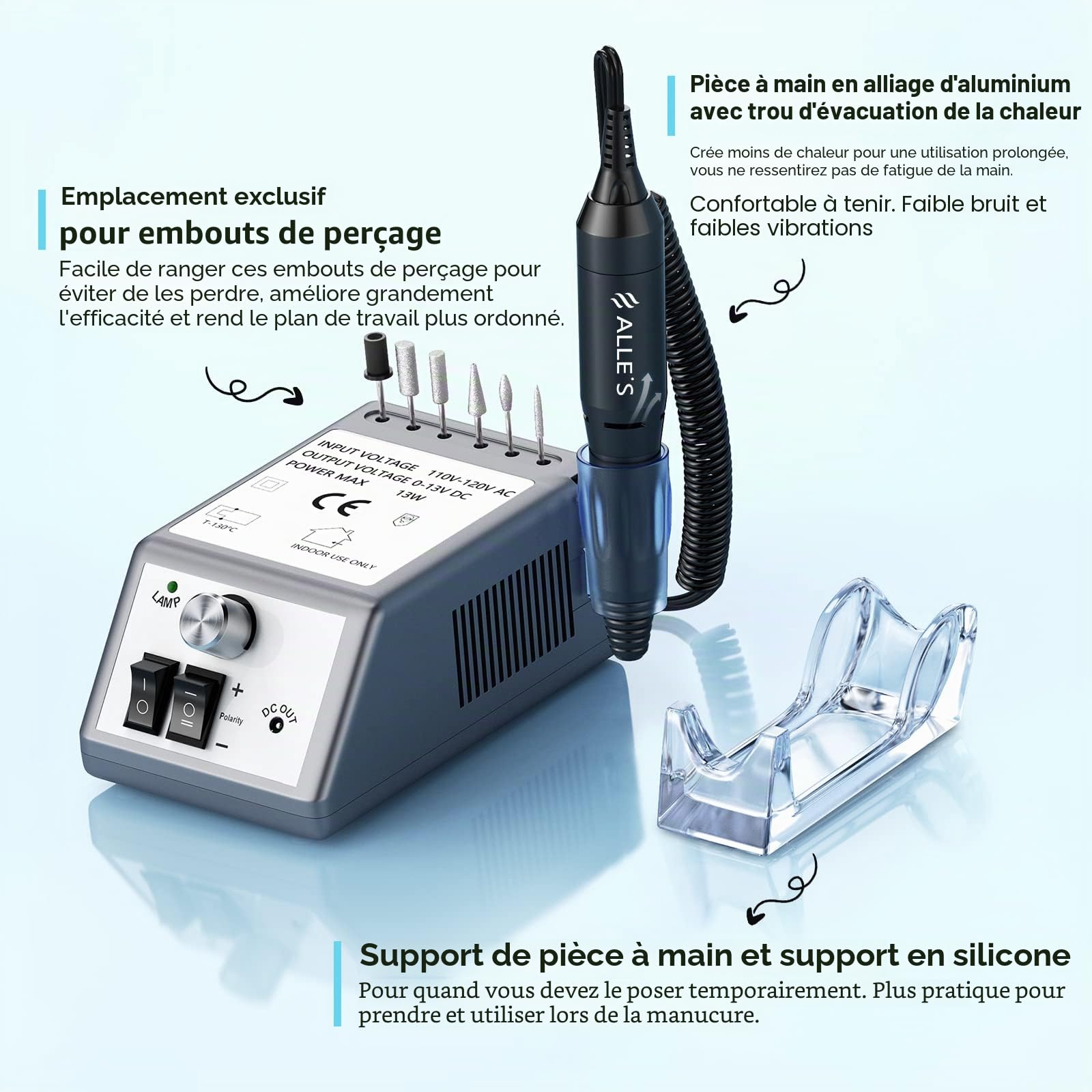 Alle's Ponceuse pour Ongles Professionnel, Lime a Ongle Electrique,20000 RPM Kit de Manucure et Pédicure Professionnel avec Vitesse et Direction Réglables,avec 100 Bandes de Ponçage,Gris