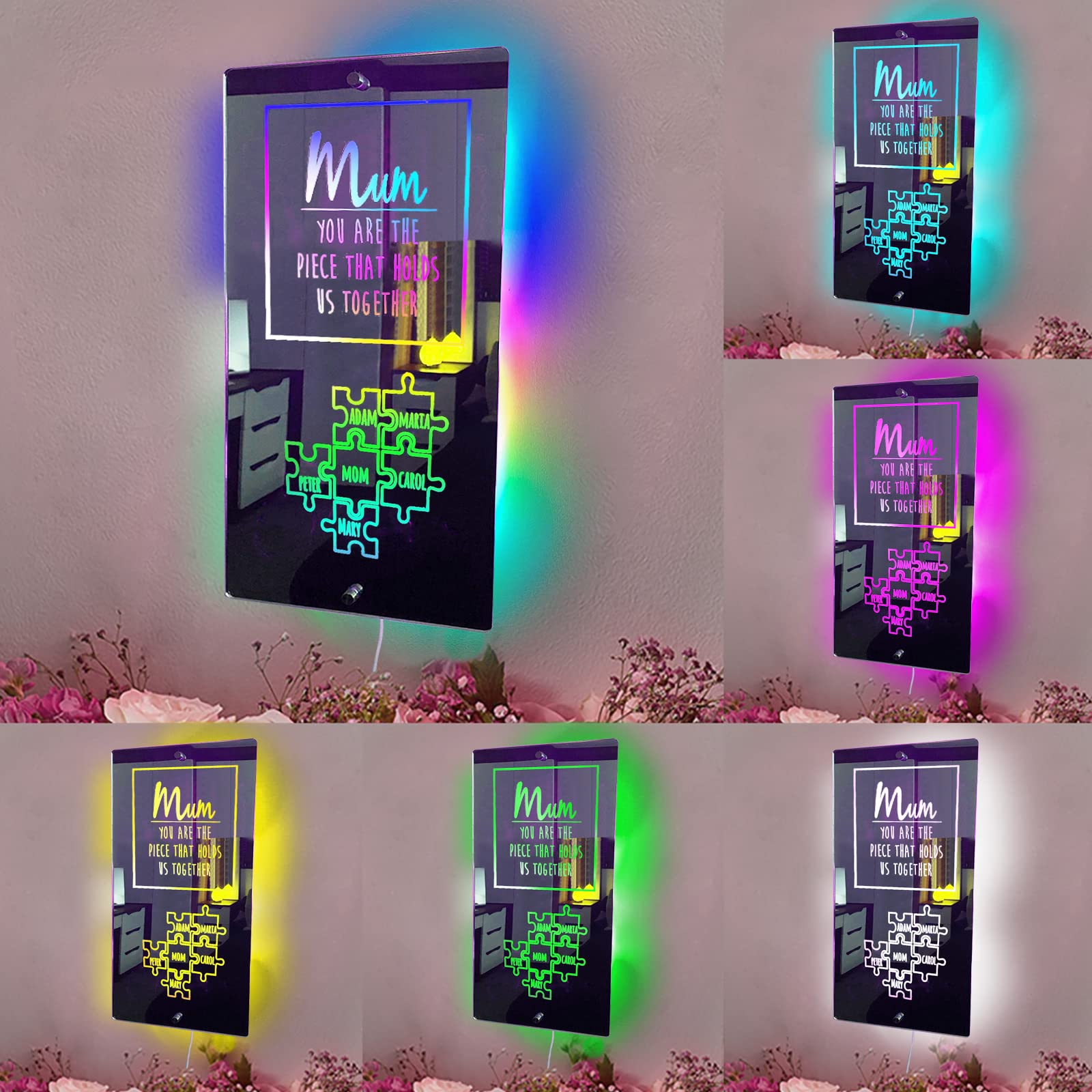 Collienght Personalized 1-12 Names Wall Mirror Mum You Are The Piece That Holds Us Together Rectangle Mirror Family Puzzle LED Acrylic Night Light for Mum Grandma Family