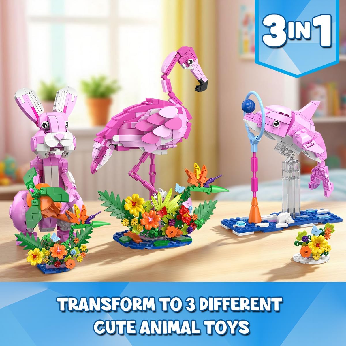 HOGOKIDS Easter Bunny 3 in 1 Pink Building Set with Flowers, Animal Figure with 3 Building Options - Flamingo, Bunny, or Dolphin, 558PCS Creative Birthday Gift, Learning Toy for Kids Girls Boys Age 6+