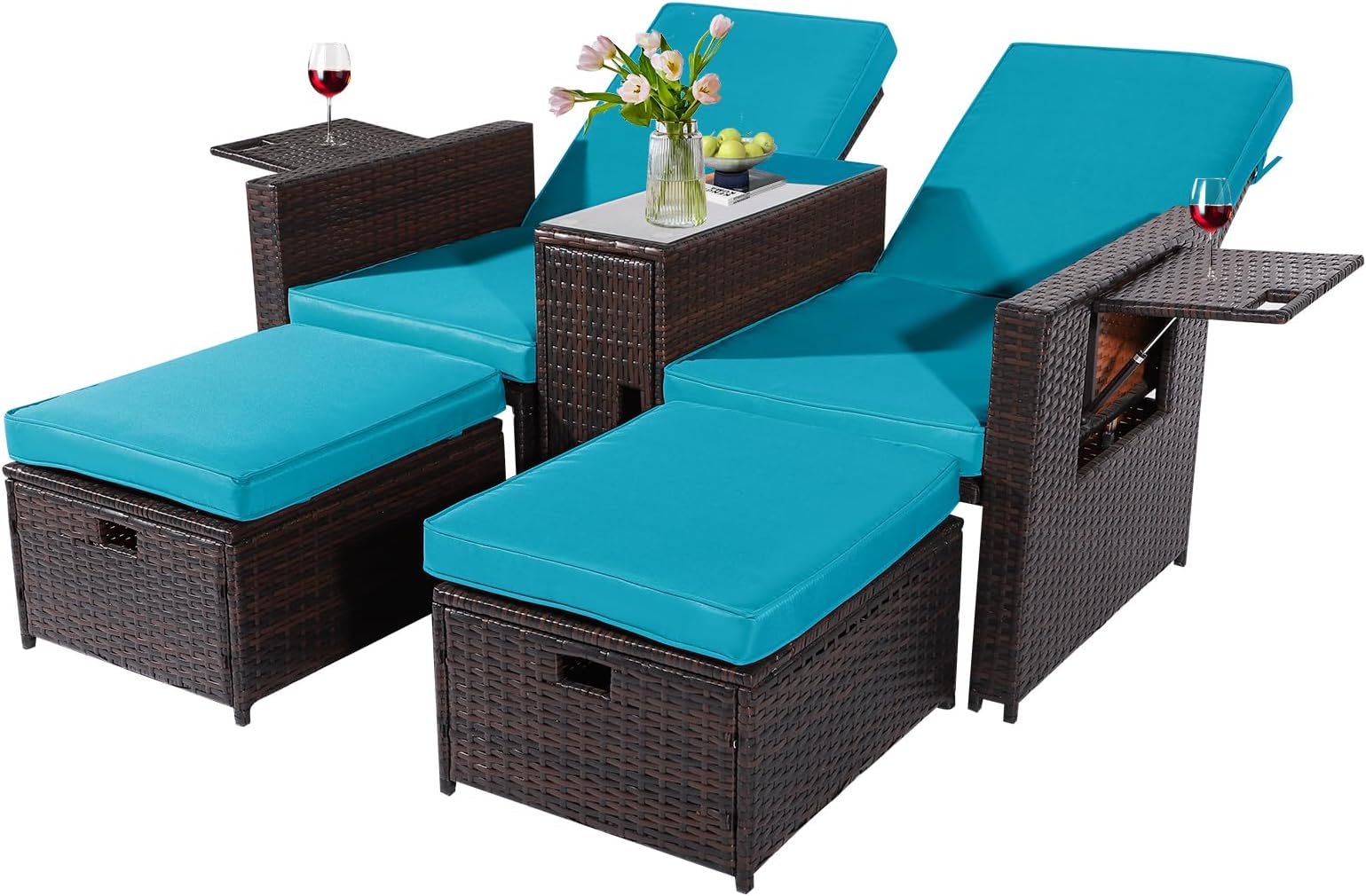 5PCS Outdoor Wicker Chaise Lounge Chair - Rattan Adjustable Reclining Patio Lounge Chair with Ottoman and Coffee Table, for Patio Beach Pool Backyard (Brown Wicker Turquoise Cushion)