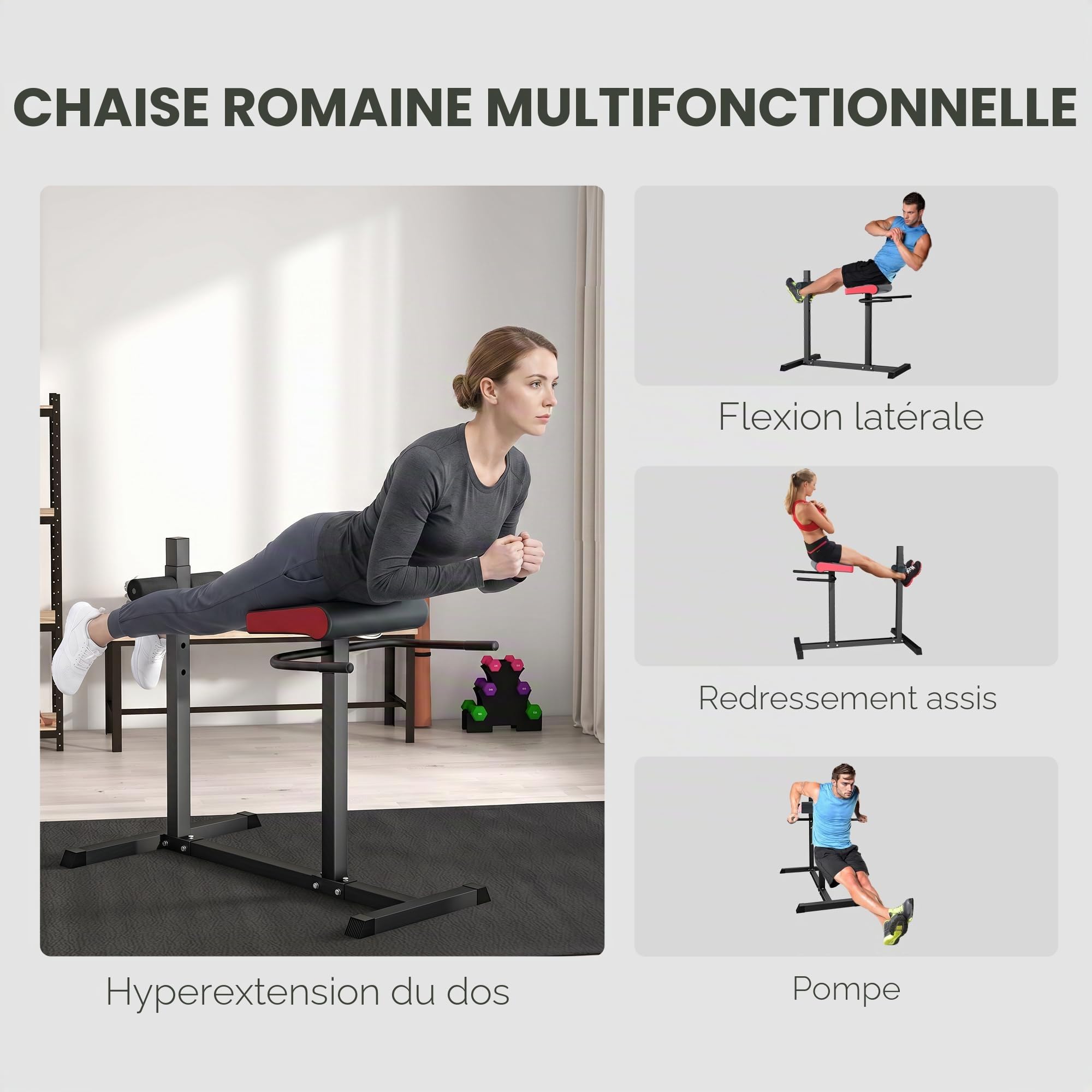 SPORTNOW Banc d'extension du dos, chaise romaine, banc d'hyperextension avec rouleau de jambes réglable pour entraînement du dos, des abdominaux et des fessiers