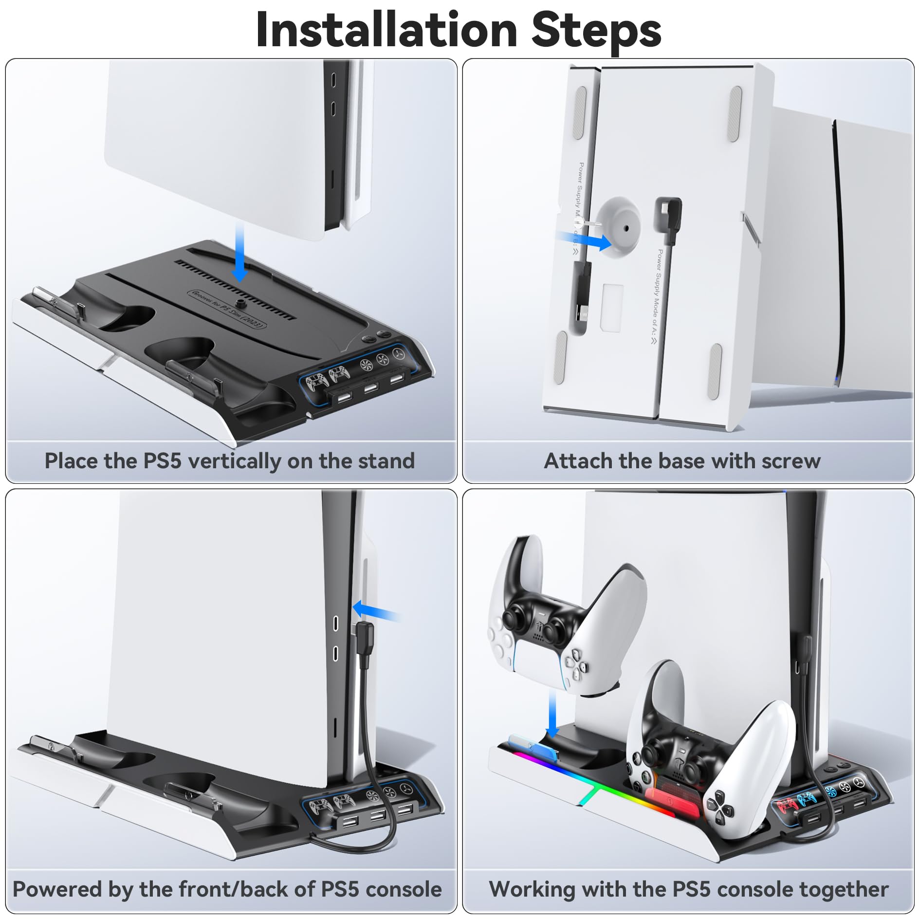 Supporto PS5 Slim con Ventola di Raffreddamento, Staffa per PS5, Base Ricarica Controller PS5, PS5 Accessori per PS5 Slim/P5 Digital Edition e Disc Edition