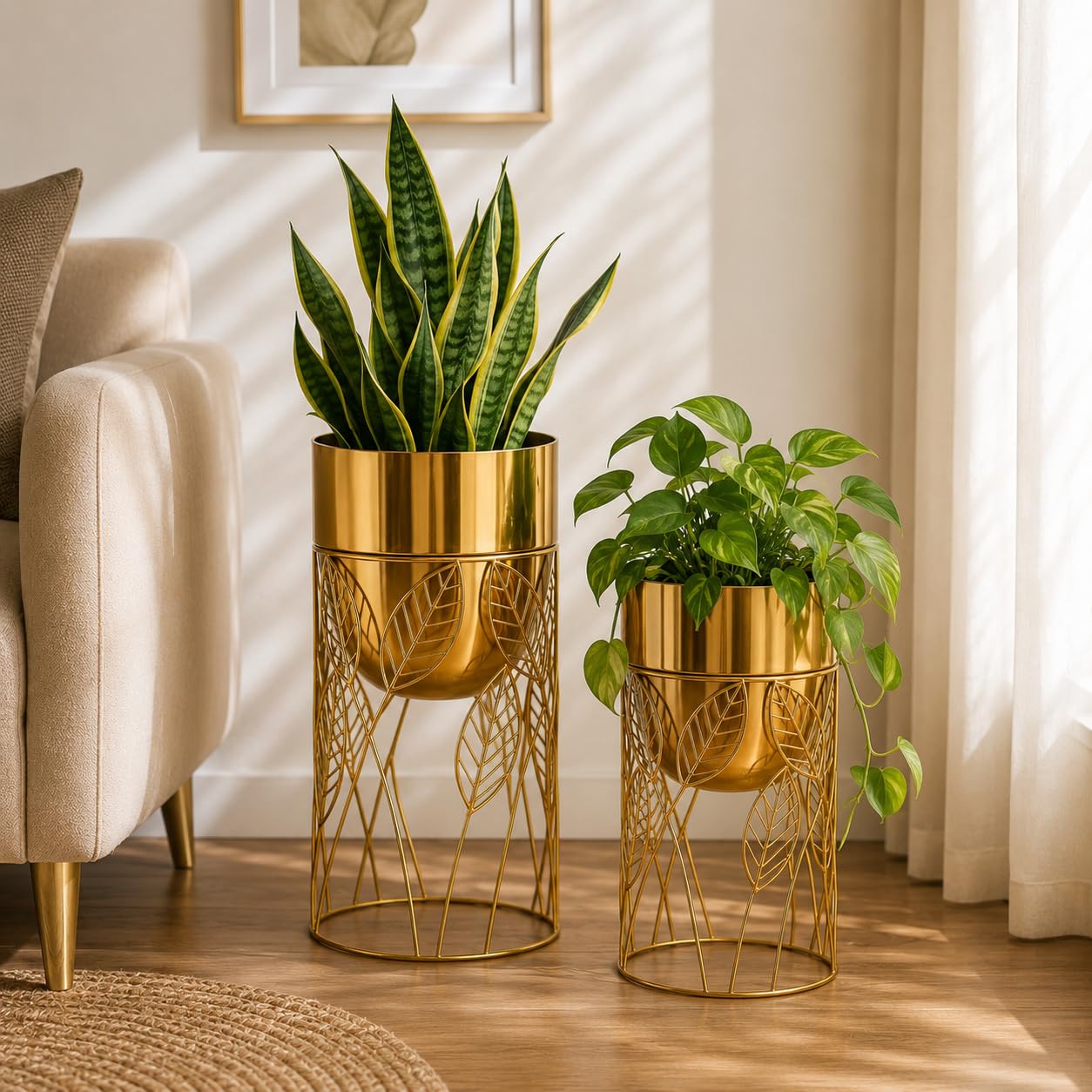 INDIAN DECORMART Metal Plant Pots with Stand (Set of 2) | Indoor Planter Flower Pots for Home Decor, Living Room, Bedroom, Office, Gifting - Golden-image-1