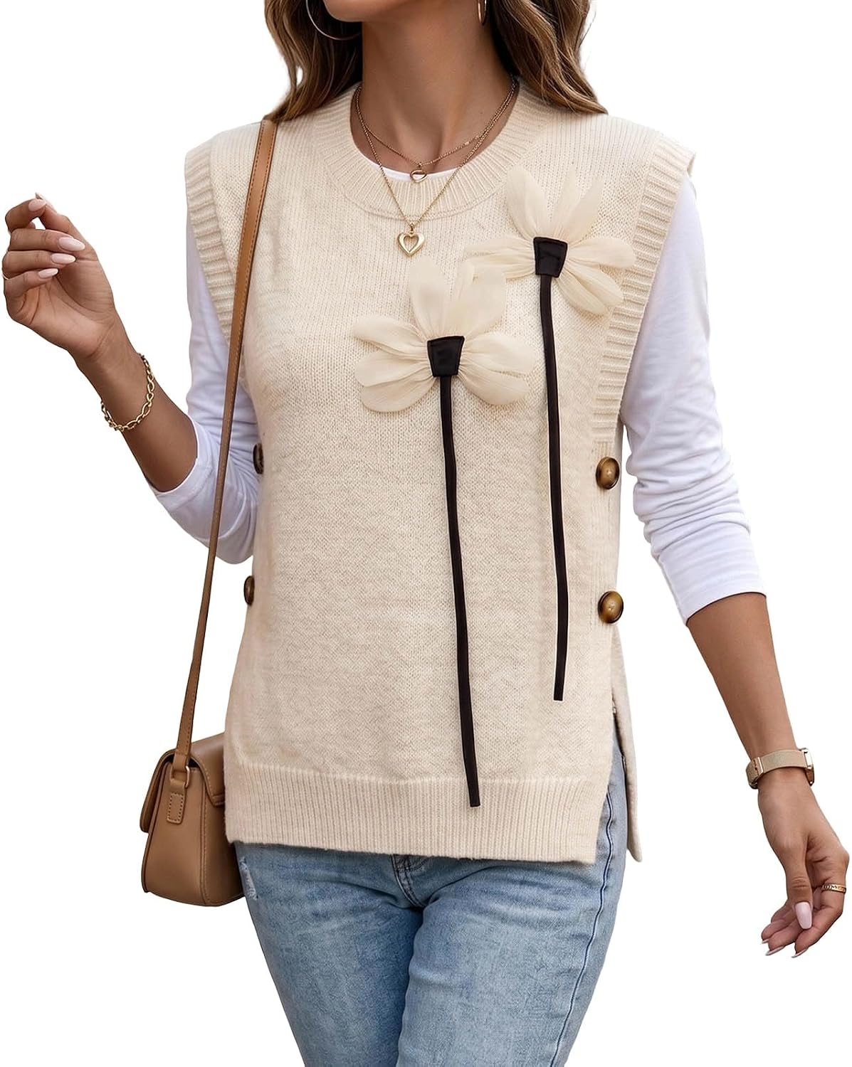 Women Crewneck 3D Floral Applique Knit Sweater Vest Side Button Top